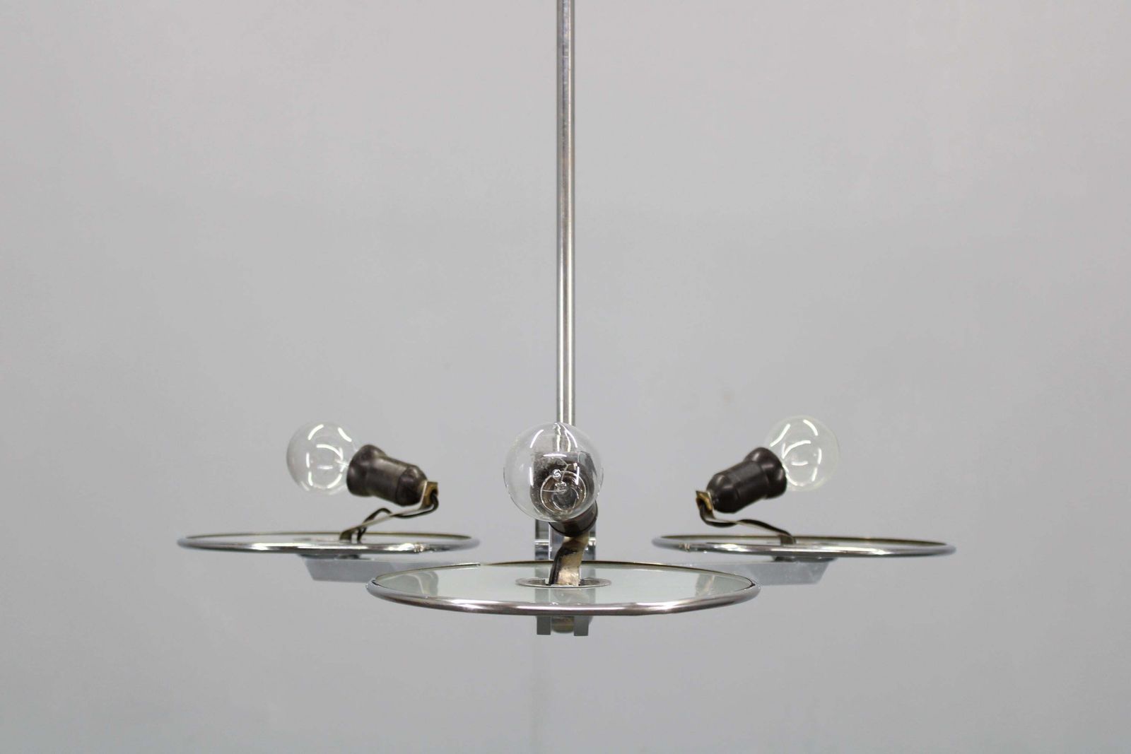 Restored Bauhaus Or Art Deco Chrome And Glass Chandelier, Czechoslovakia photo for sale