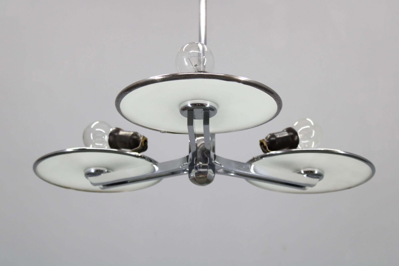 Restored Bauhaus Or Art Deco Chrome And Glass Chandelier, Czechoslovakia photo Lighting