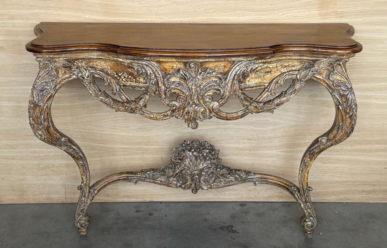 French Louis XIV Style Carved Painted Wall Mounted Console Table With Wood Top photo for sale