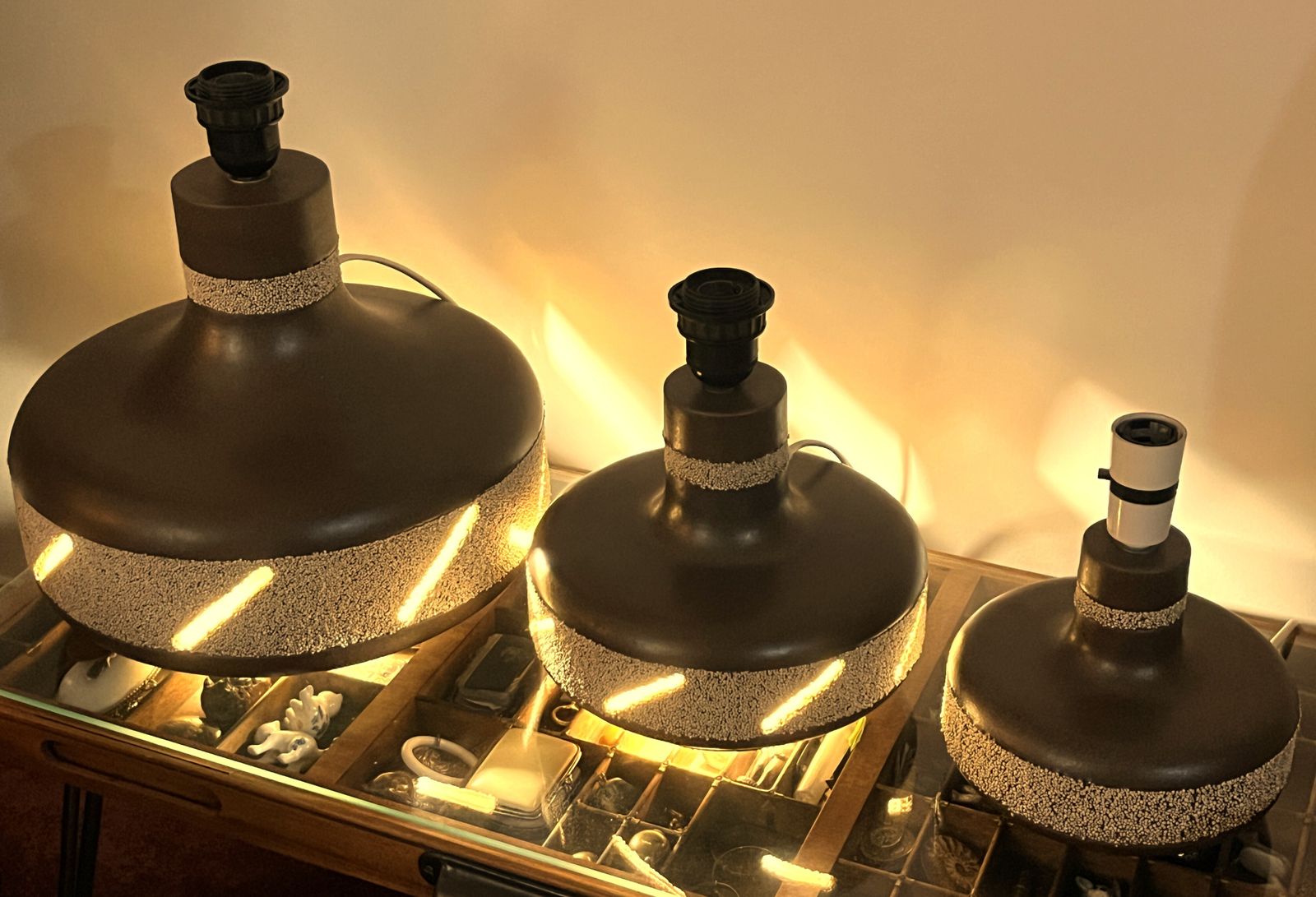 Set Of 3 Graduated Midcentury Modern West German Pottery Fat Lava Twin Bulb Table Lamp Bases.