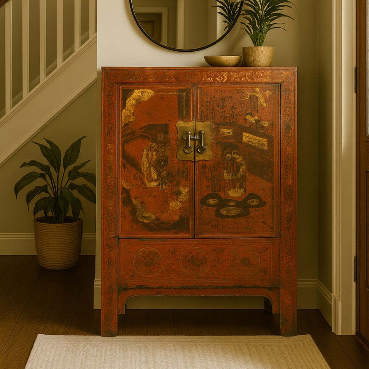 Mid Size Red And Gold Painted Cabinet photo furniture