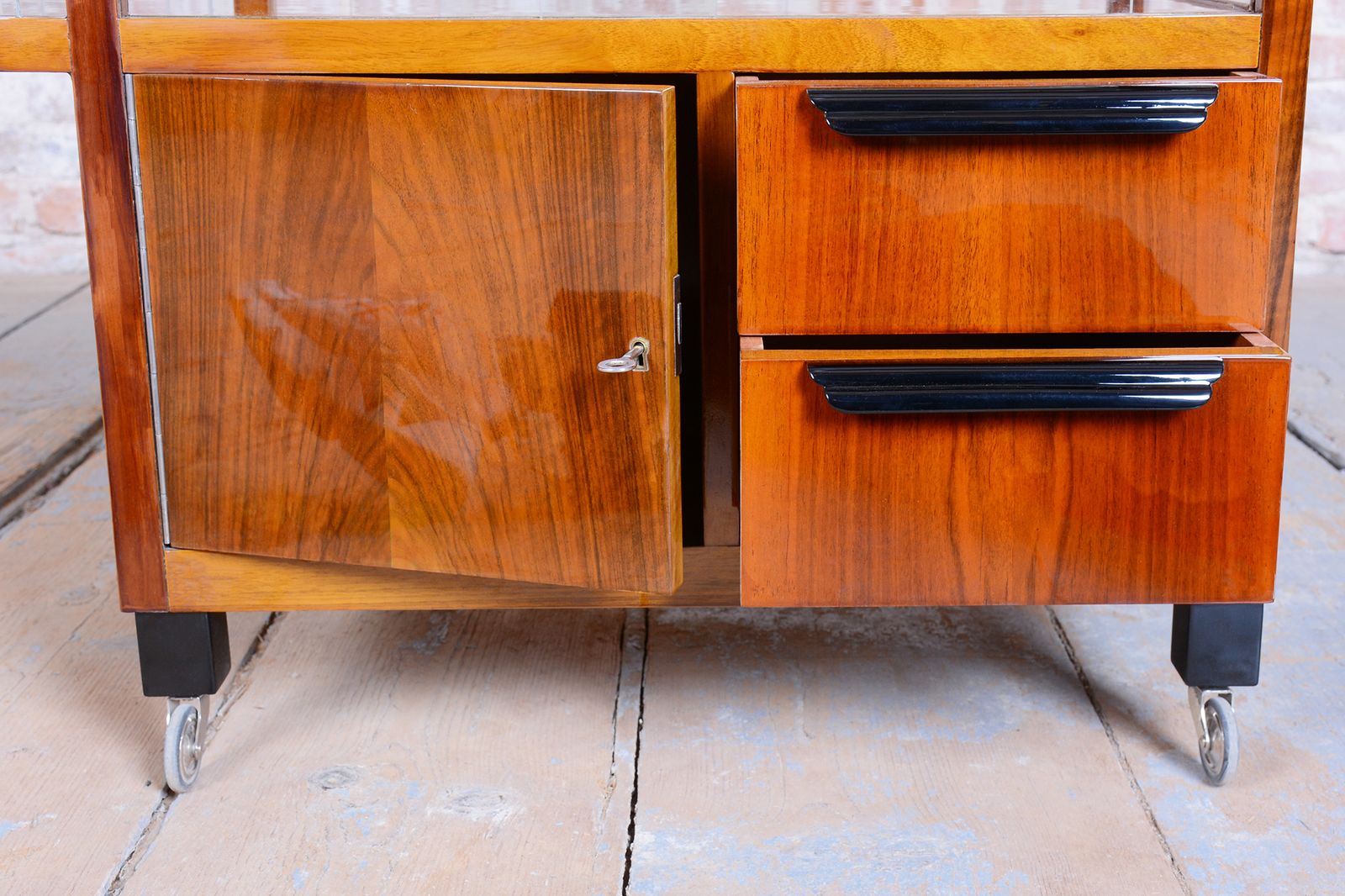 Furniture Restored Art Deco Serving Trolley, Walnut, Glass, Repolished, Czech, 1920s photo