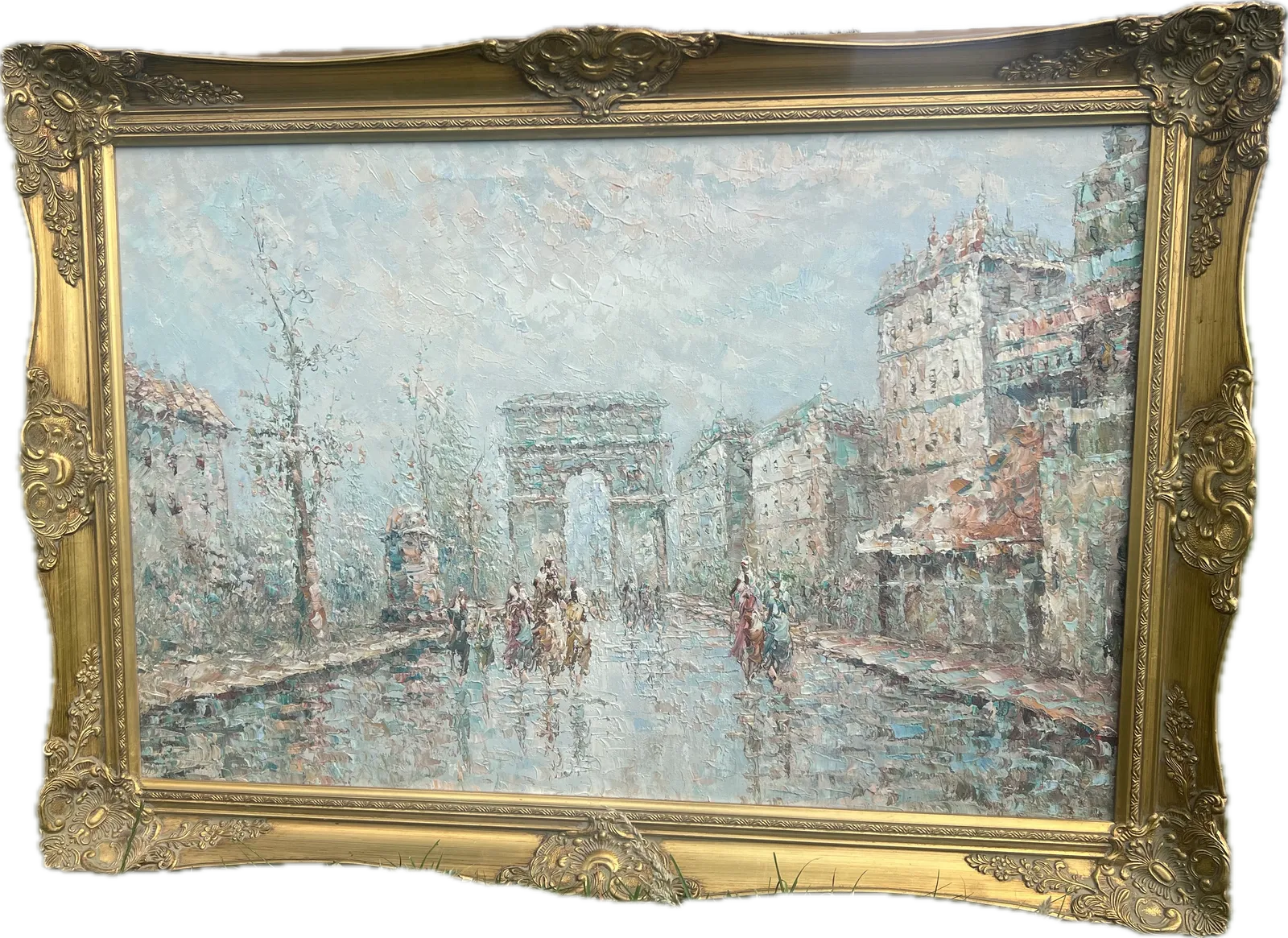 Large Mid 20th Century Parisian Street Scene Oil Painting In Ornate Gilt Frame