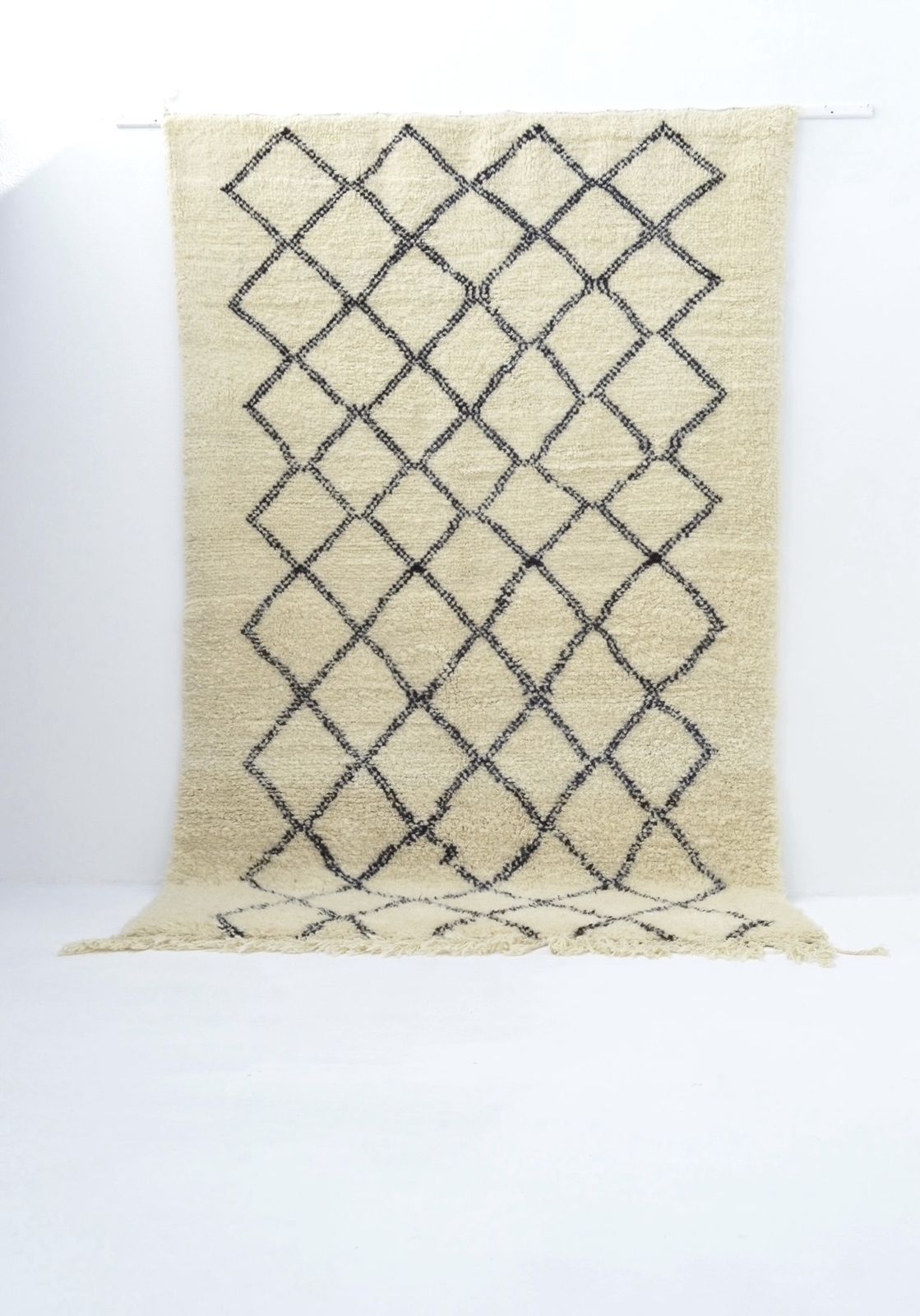 Vintage Moroccan Beni Ourain Rug 6’6”X 9 Ft 10 Hand Knotted Cream & Navy Lozenge Plush 100% Wool Berber Carpet Le Corbusier Eames photo furniture