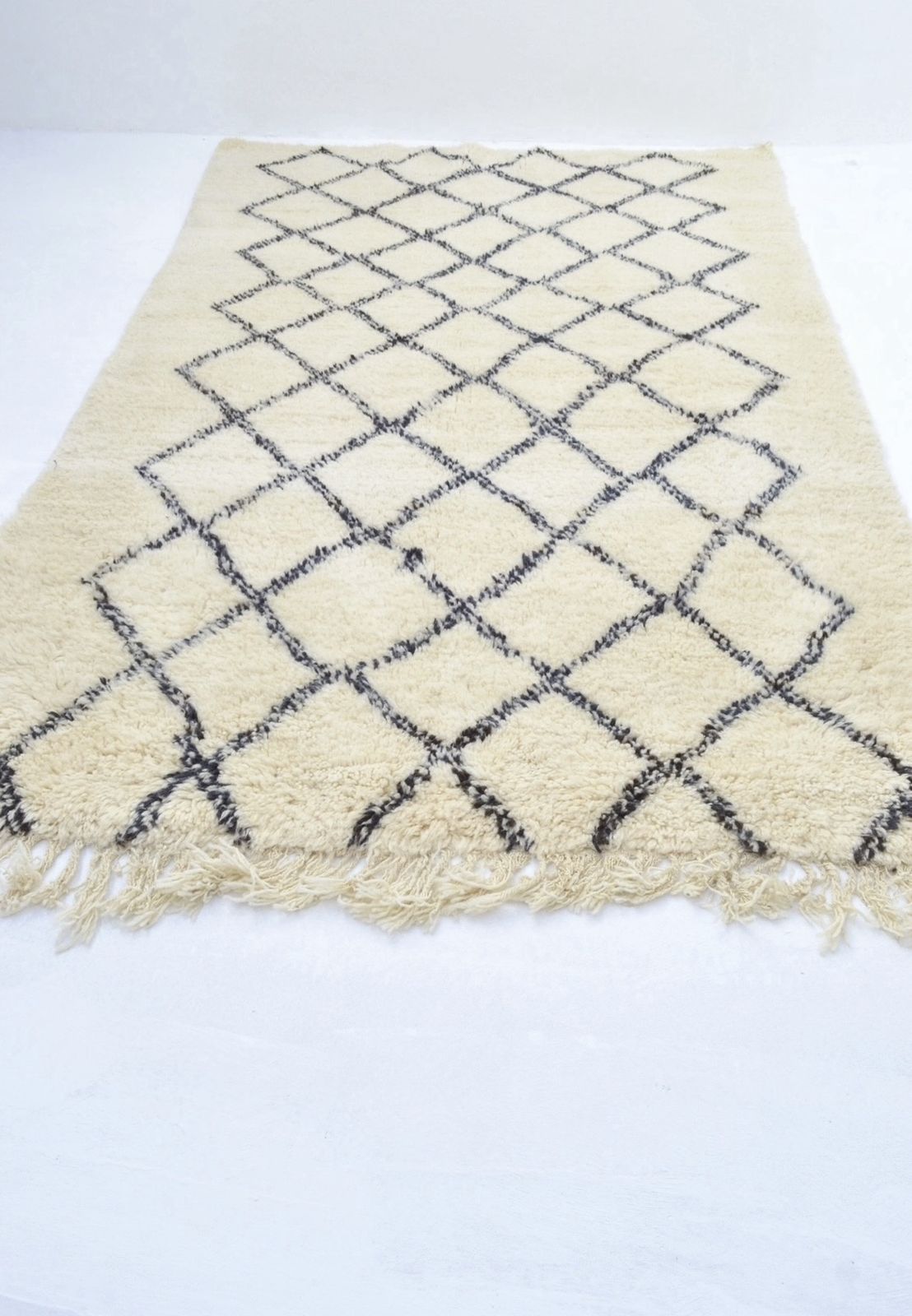 Vintage Moroccan Beni Ourain Rug 6’6”X 9 Ft 10 Hand Knotted Cream & Navy Lozenge Plush 100% Wool Berber Carpet Le Corbusier Eames photo for sale