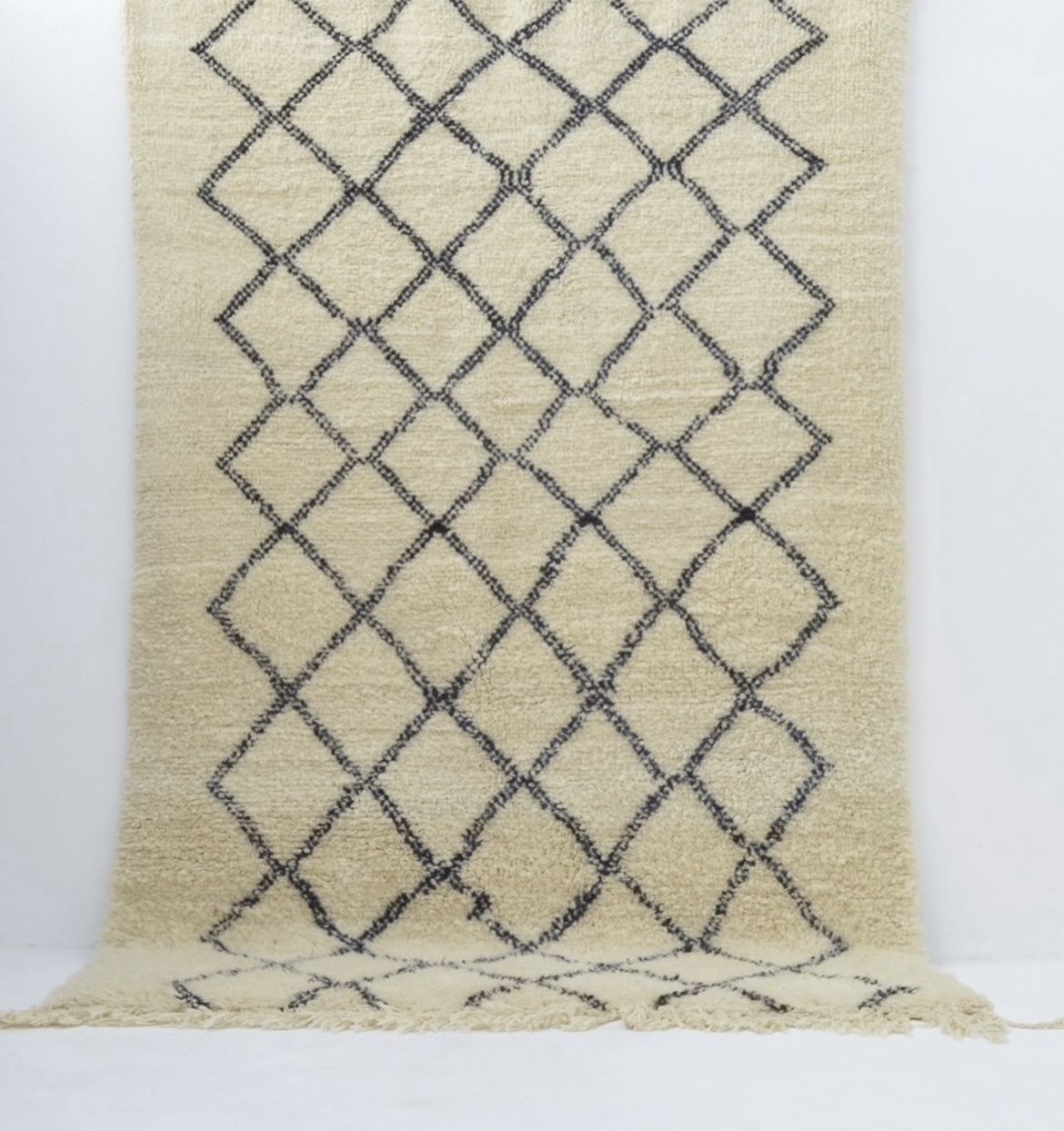 Vintage Moroccan Beni Ourain Rug 6’6”X 9 Ft 10 Hand Knotted Cream & Navy Lozenge Plush 100% Wool Berber Carpet Le Corbusier Eames