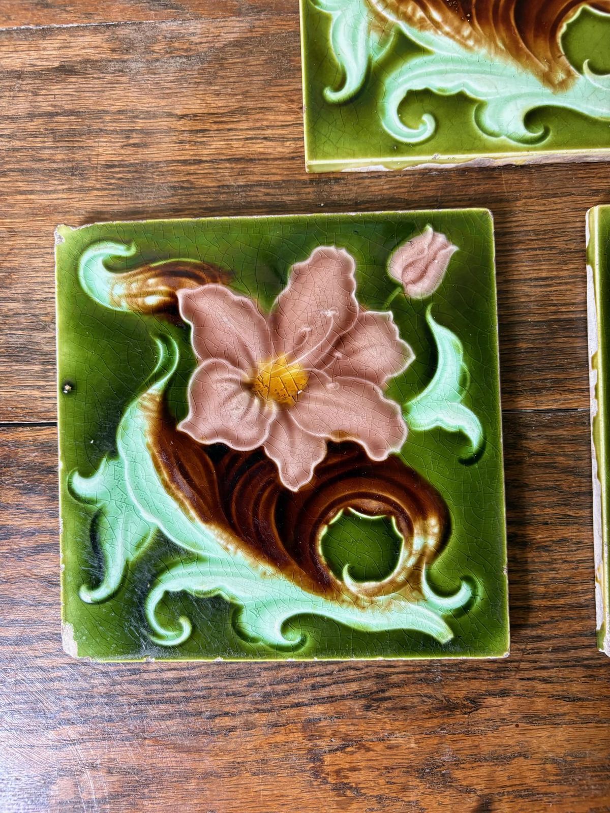 Set Of 3 Art Nouveau Relief Moulded Fireplace Tiles – Pink Clematis On C.1900 photo for sale