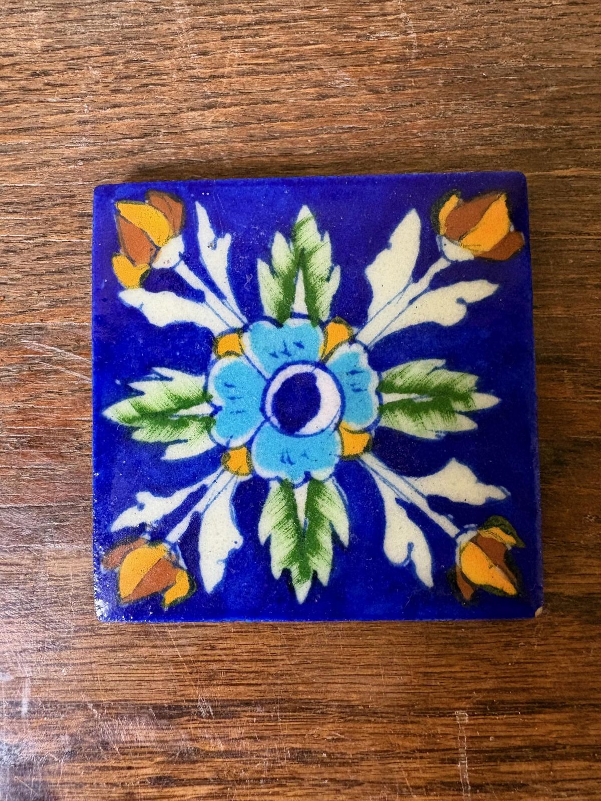 Set Of 4 Hand‑Painted Persian/Jaipur‑Style Floral Tiles On Cobalt Blue, 7.5 Cm photo vinterior