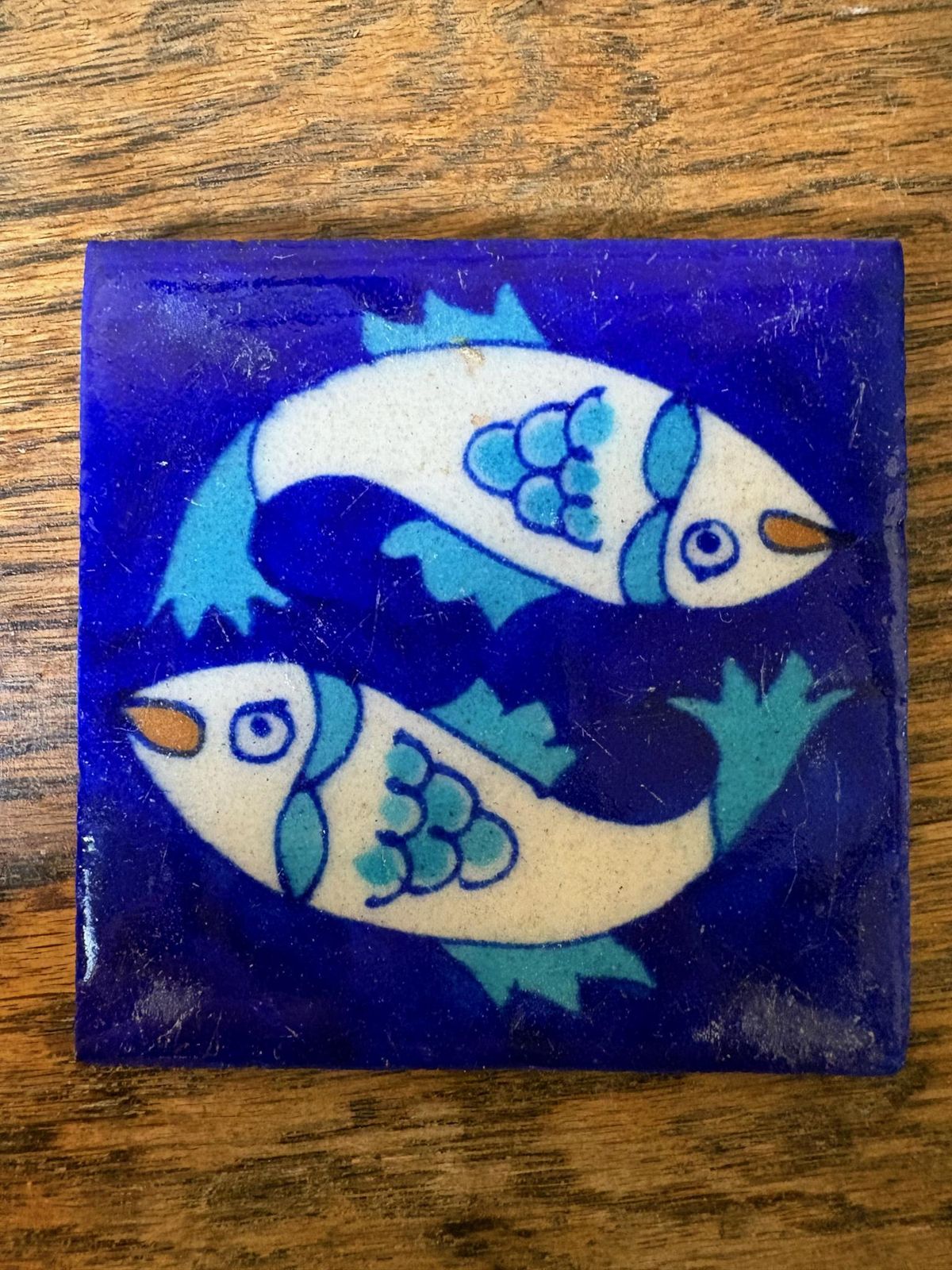 Set Of 8 Hand‑Painted Jaipur Blue Pottery “Fish” Tiles, Cobalt Ground photo Home Fixtures