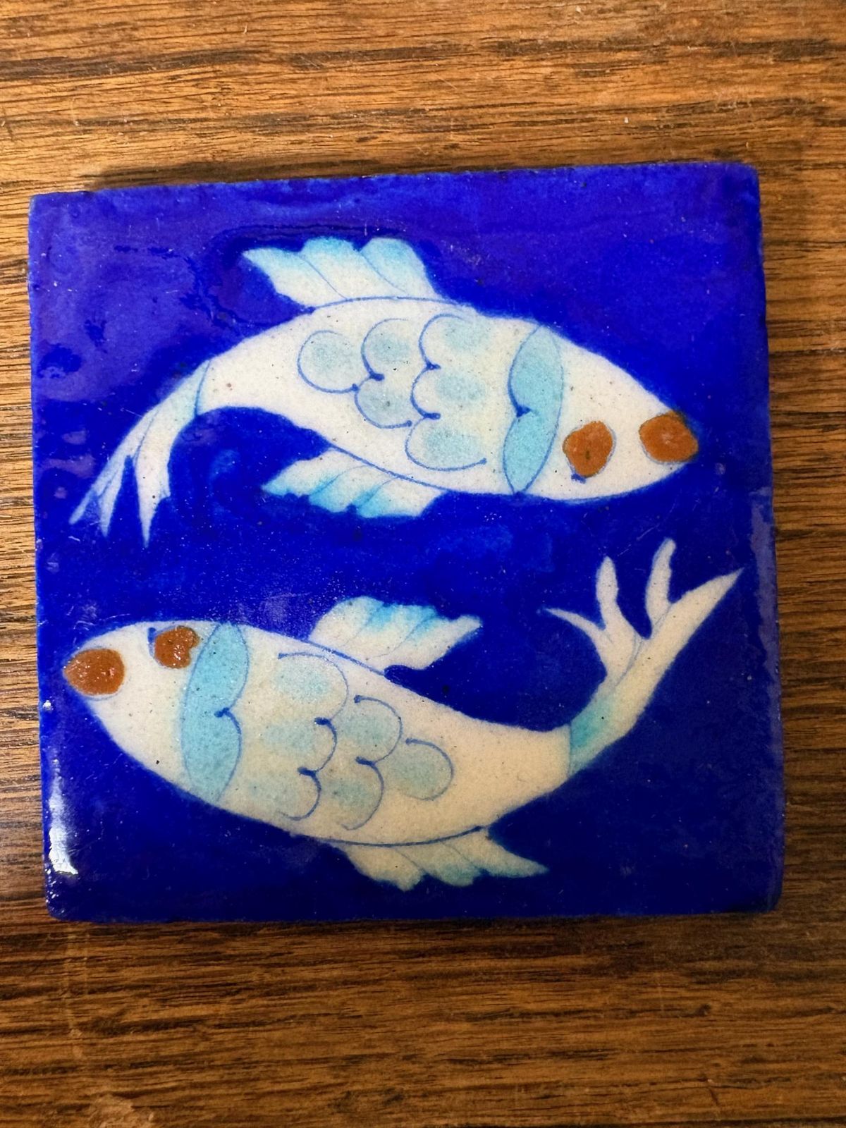 Set Of 8 Hand‑Painted Jaipur Blue Pottery “Fish” Tiles, Cobalt Ground photo 150.0