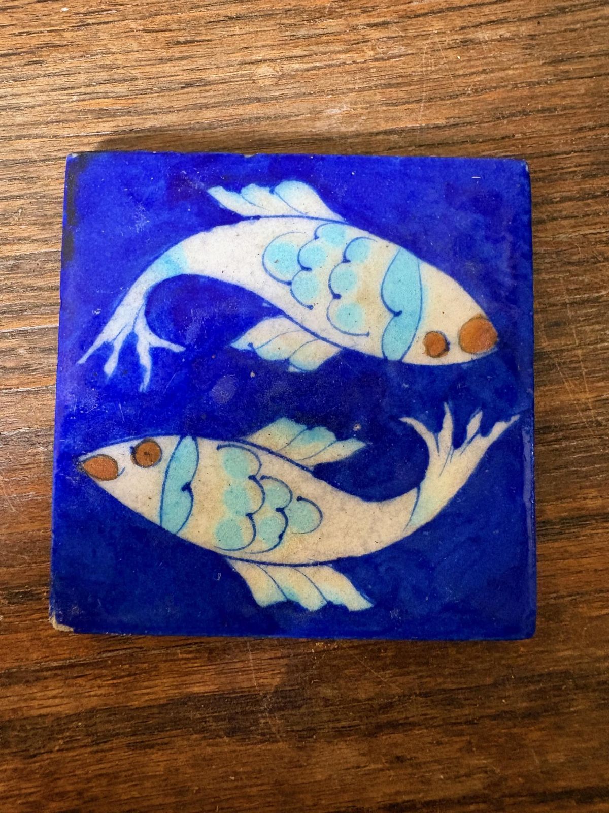Set Of 8 Hand‑Painted Jaipur Blue Pottery “Fish” Tiles, Cobalt Ground photo vinterior