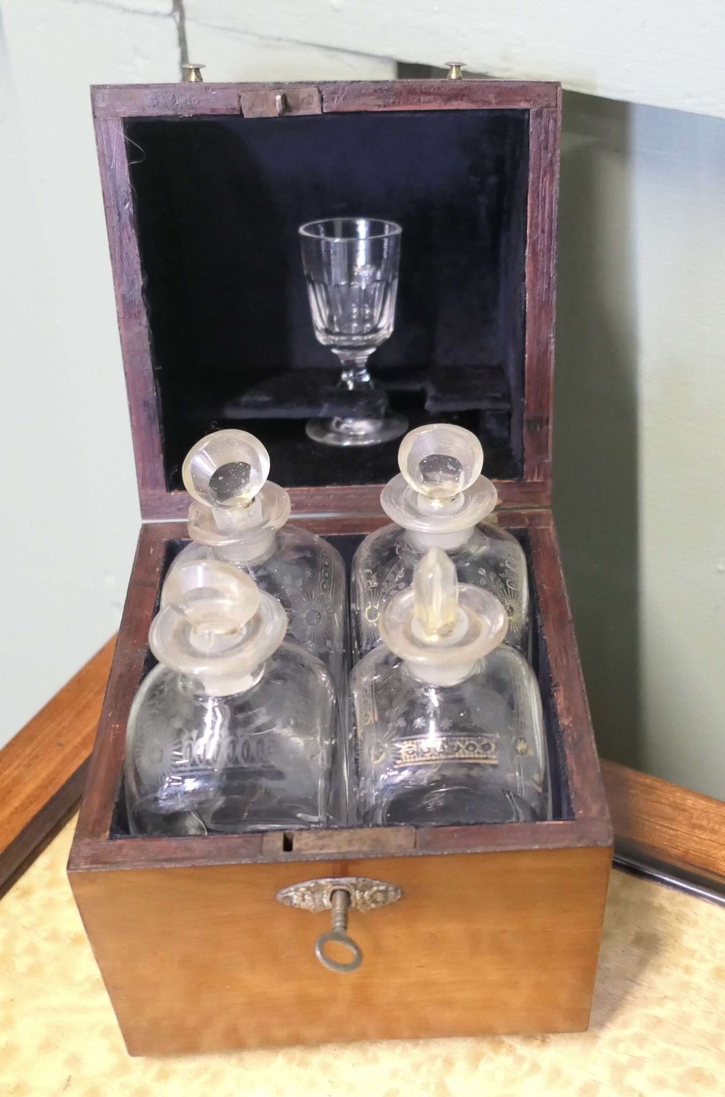 19th Century Fitted Decanter Box, 4 Decanter Tantalus photo for sale