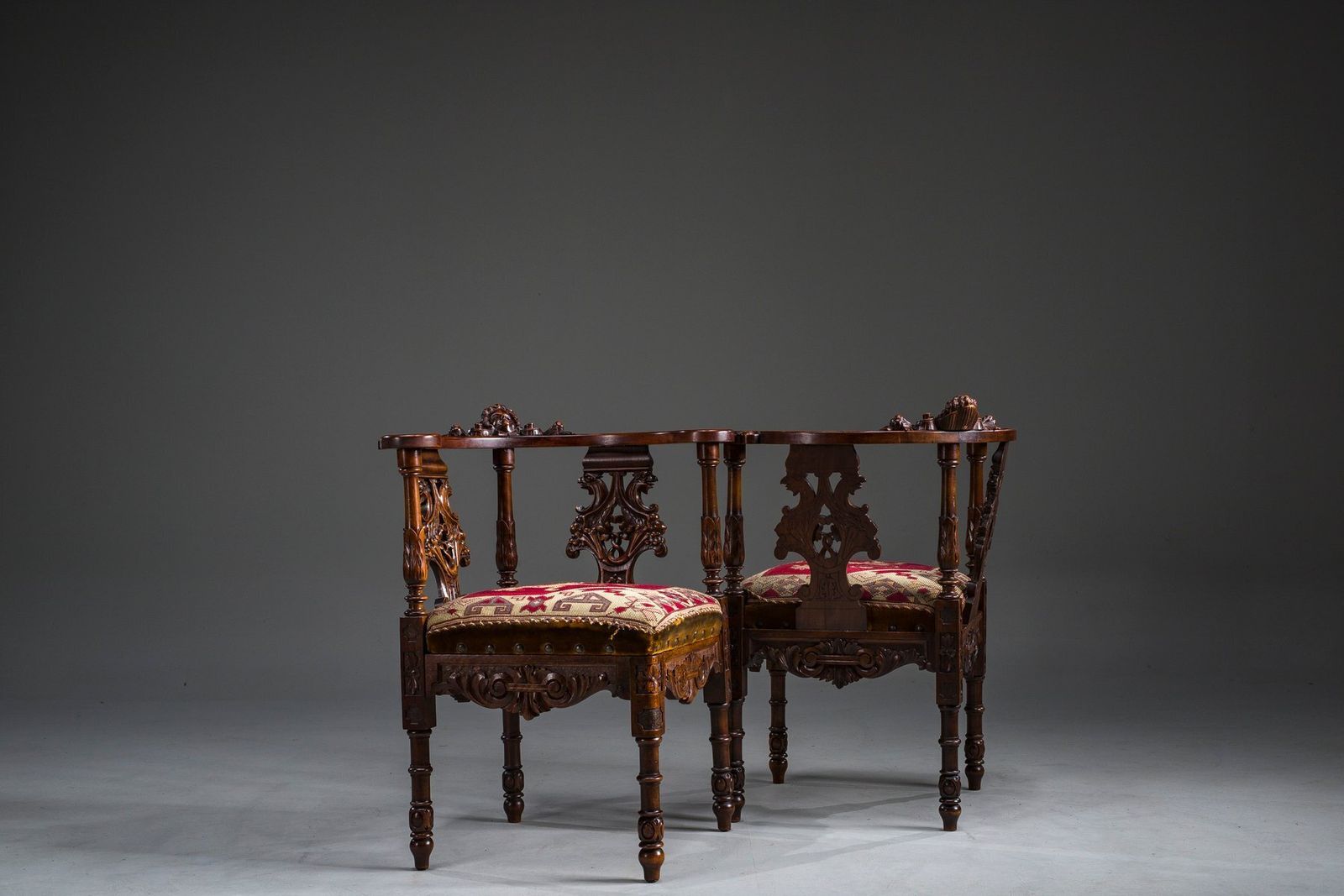 19th Century Italian Renaissance Style Carved Walnut Corner Chairs, Set Of 2 photo buy