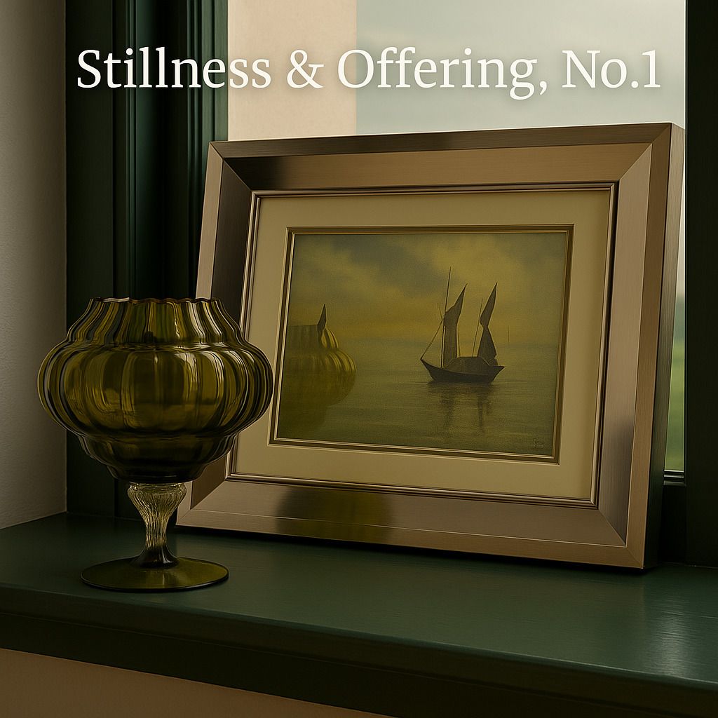 Framed Freda Dean Sailboat Painting (1996) And Mid Century Olive Glass · Empoli Or Bohemia photo Art