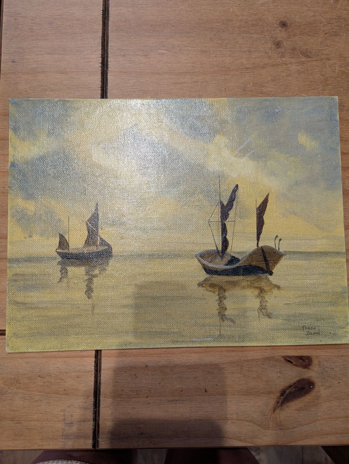 Framed Freda Dean Sailboat Painting (1996) And Mid Century Olive Glass · Empoli Or Bohemia photo buy