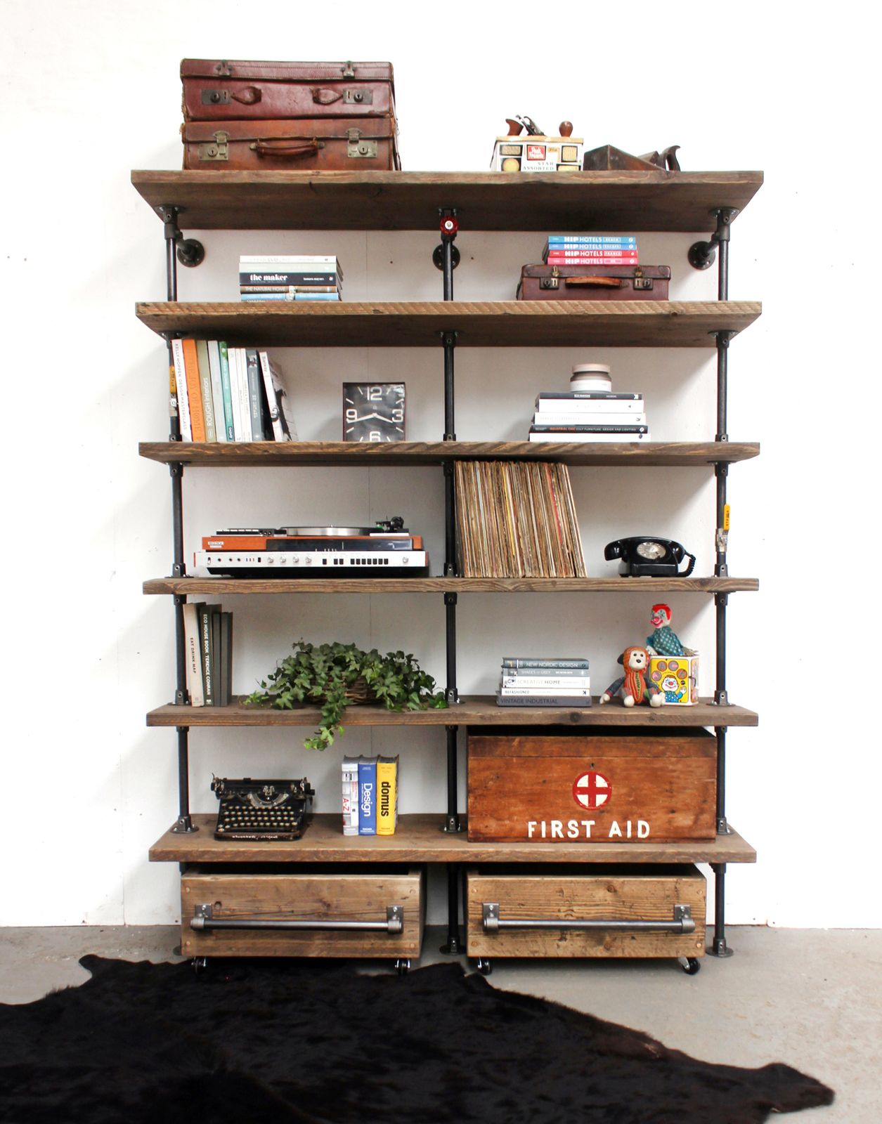 Saul Industrial Reclaimed Scaffold Board And Dark Steel Pipe Shelving Unit With Roll Out Drawers photo for sale