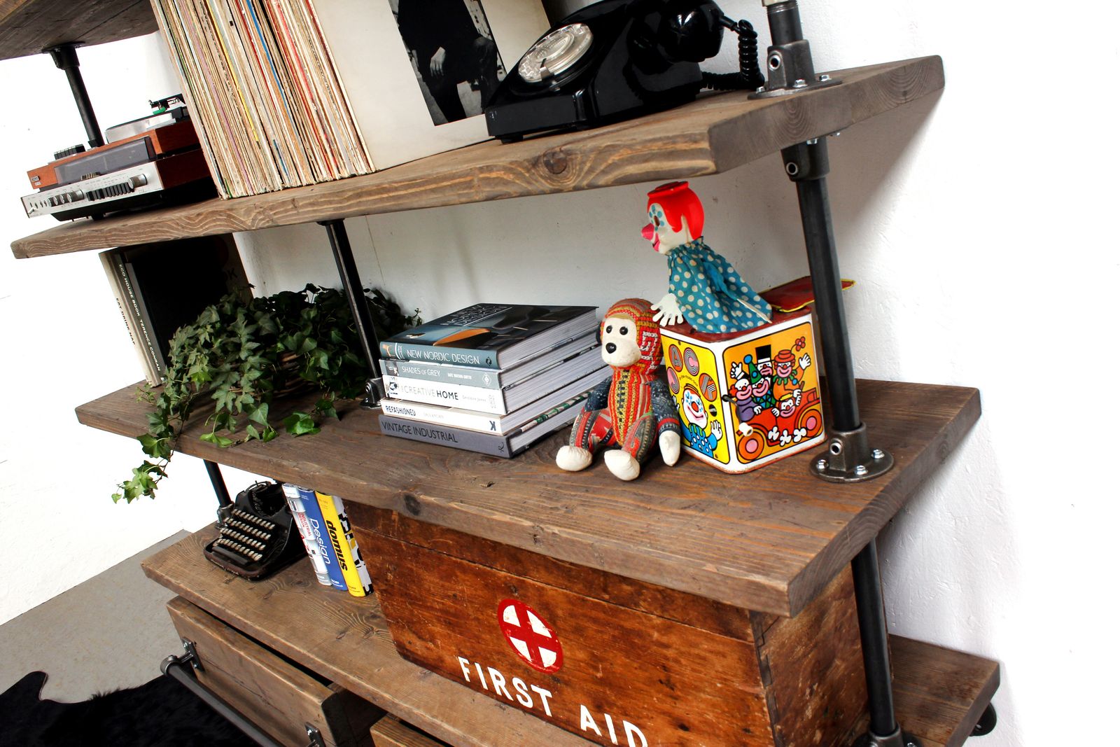 Saul Industrial Reclaimed Scaffold Board And Dark Steel Pipe Shelving Unit With Roll Out Drawers photo vintage