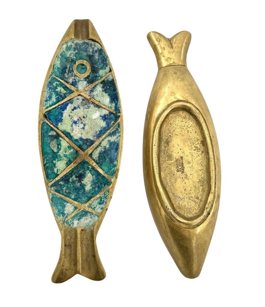 A Pair Of 1950s Malachite And Brass Fish Ashtrays By Pepe Mendoza photo Home Decor