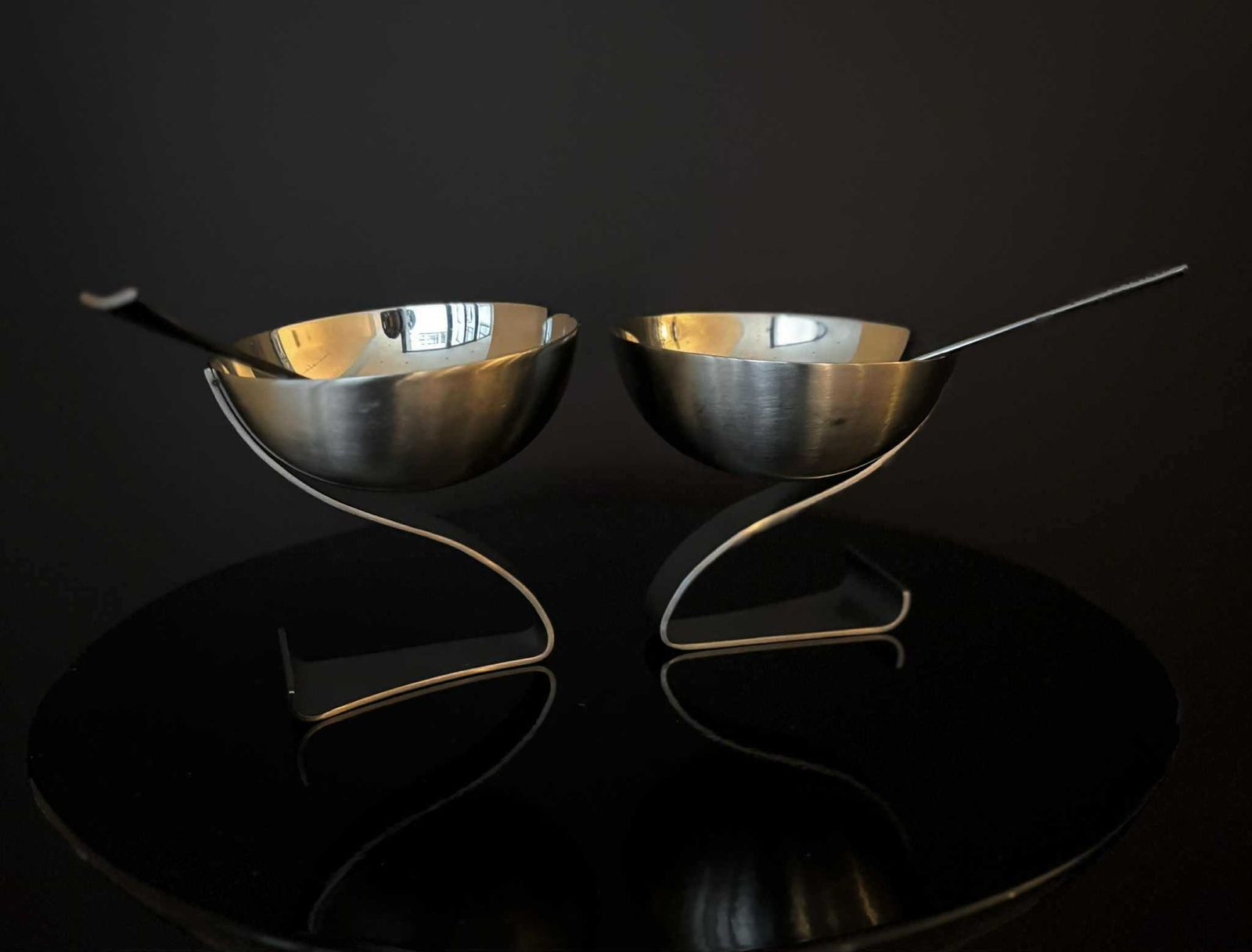 Futuristic Stainless Steel Dessert Cups – Set Of 2 With Matching Modernist Spoons (1980s)