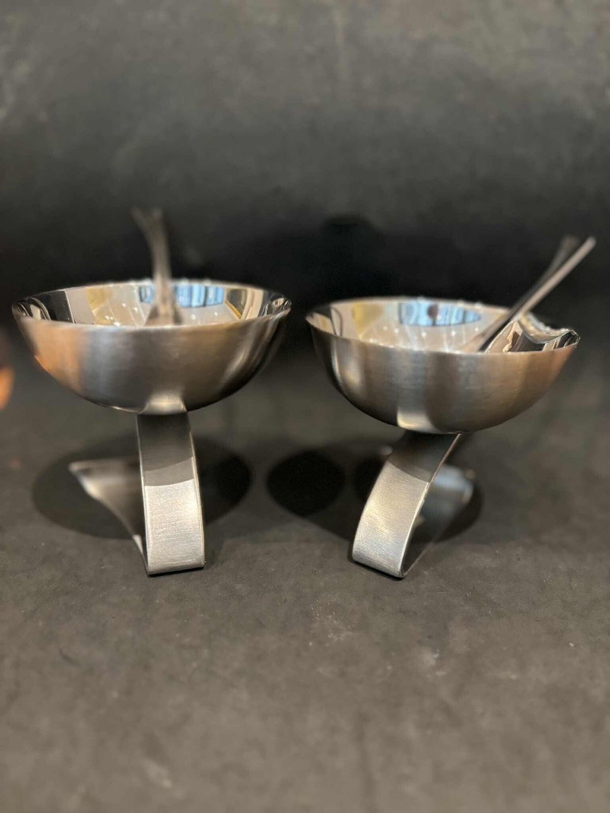 Futuristic Stainless Steel Dessert Cups – Set Of 2 With Matching Modernist Spoons (1980s) photo vinterior