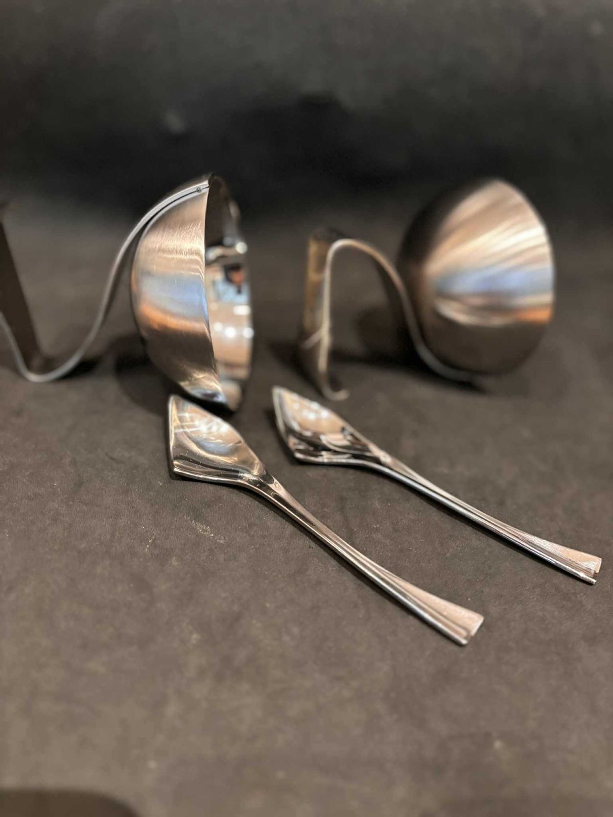 Futuristic Stainless Steel Dessert Cups – Set Of 2 With Matching Modernist Spoons (1980s) photo vintage