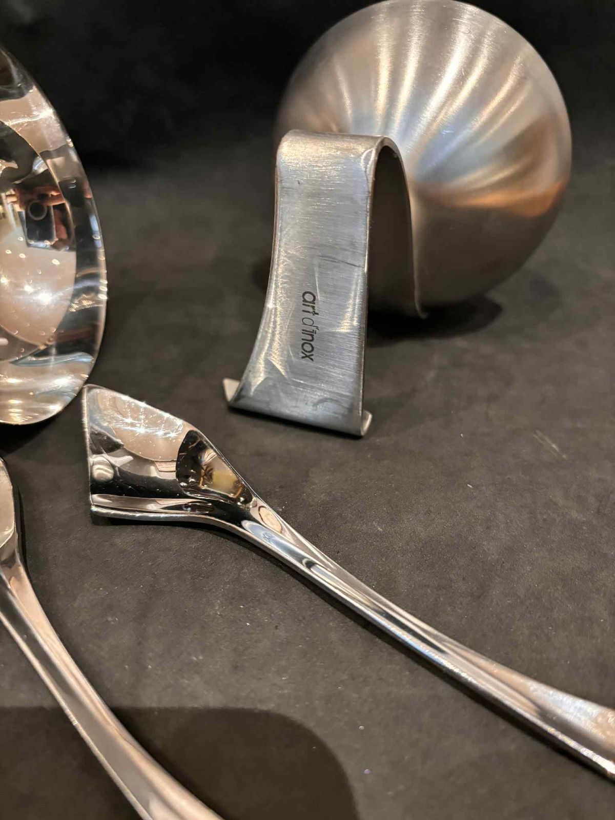 photo furniture Futuristic Stainless Steel Dessert Cups – Set Of 2 With Matching Modernist Spoons (1980s)