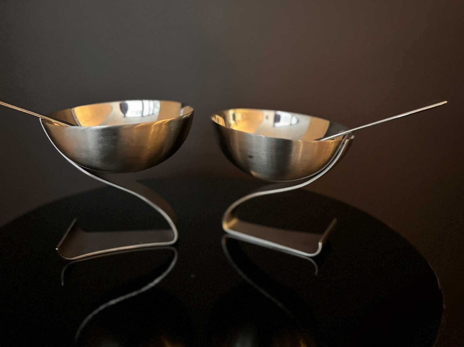 Home Decor Futuristic Stainless Steel Dessert Cups – Set Of 2 With Matching Modernist Spoons (1980s) photo