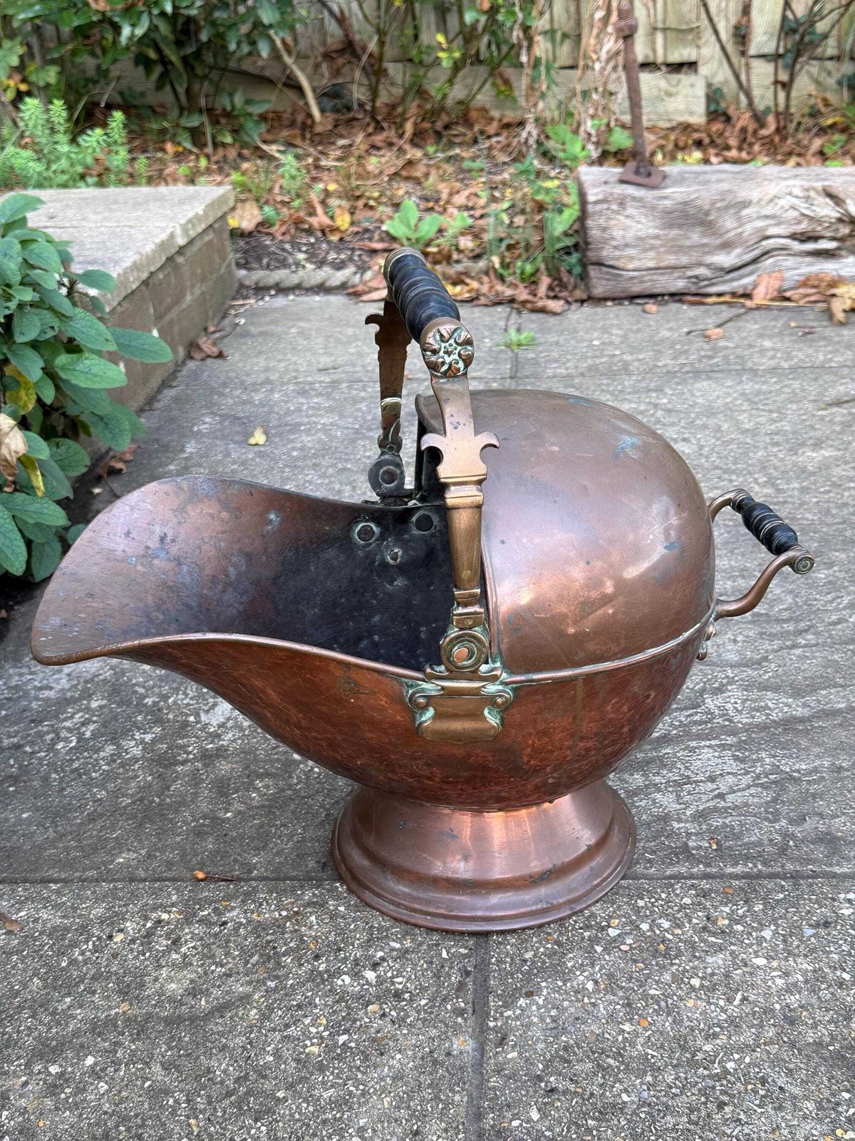 Antique Copper & Brass Coal Scuttle With Verdigris Patina And Turned Handle photo for sale