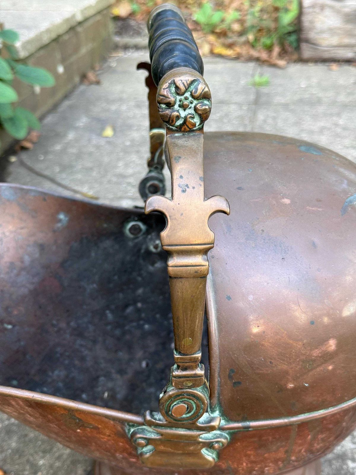 Antique Copper & Brass Coal Scuttle With Verdigris Patina And Turned Handle photo Home Fixtures