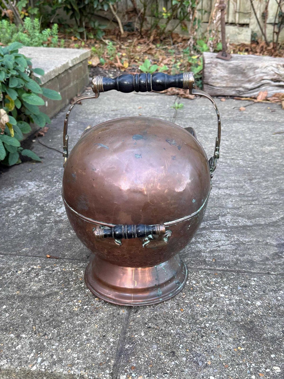 Antique Copper & Brass Coal Scuttle With Verdigris Patina And Turned Handle photo 153.0