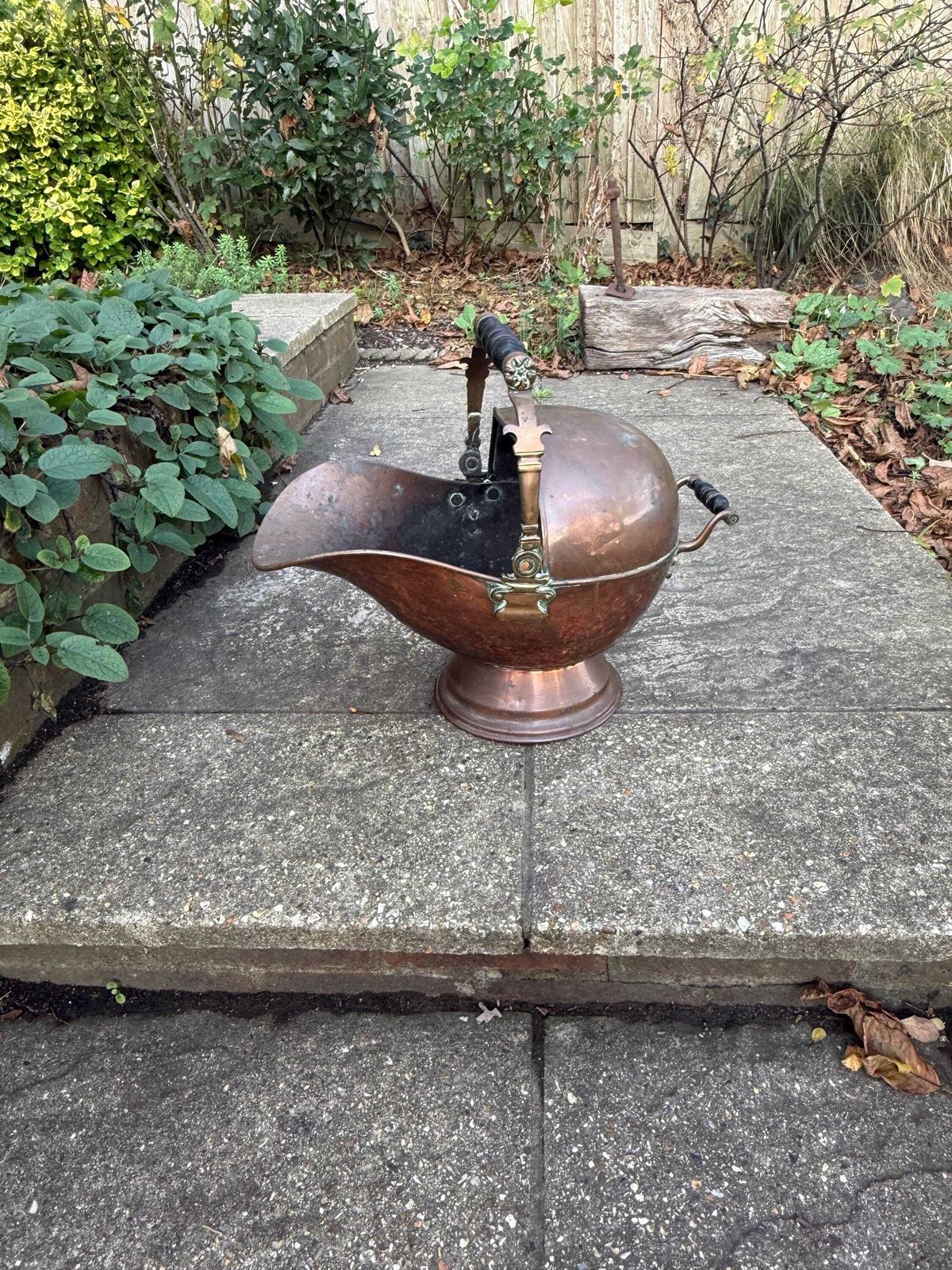 Home Fixtures Antique Copper & Brass Coal Scuttle With Verdigris Patina And Turned Handle photo