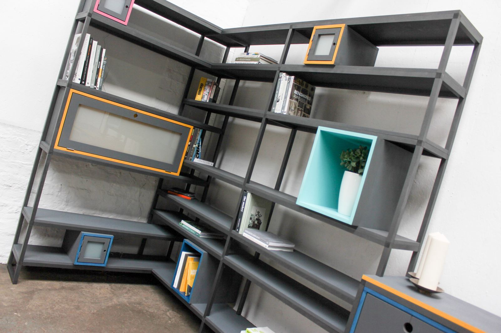 Furniture Rhys Bespoke Birch Ply And Aluminium Box Section Colourful Shelves And Storage With Drinks Cabinet photo