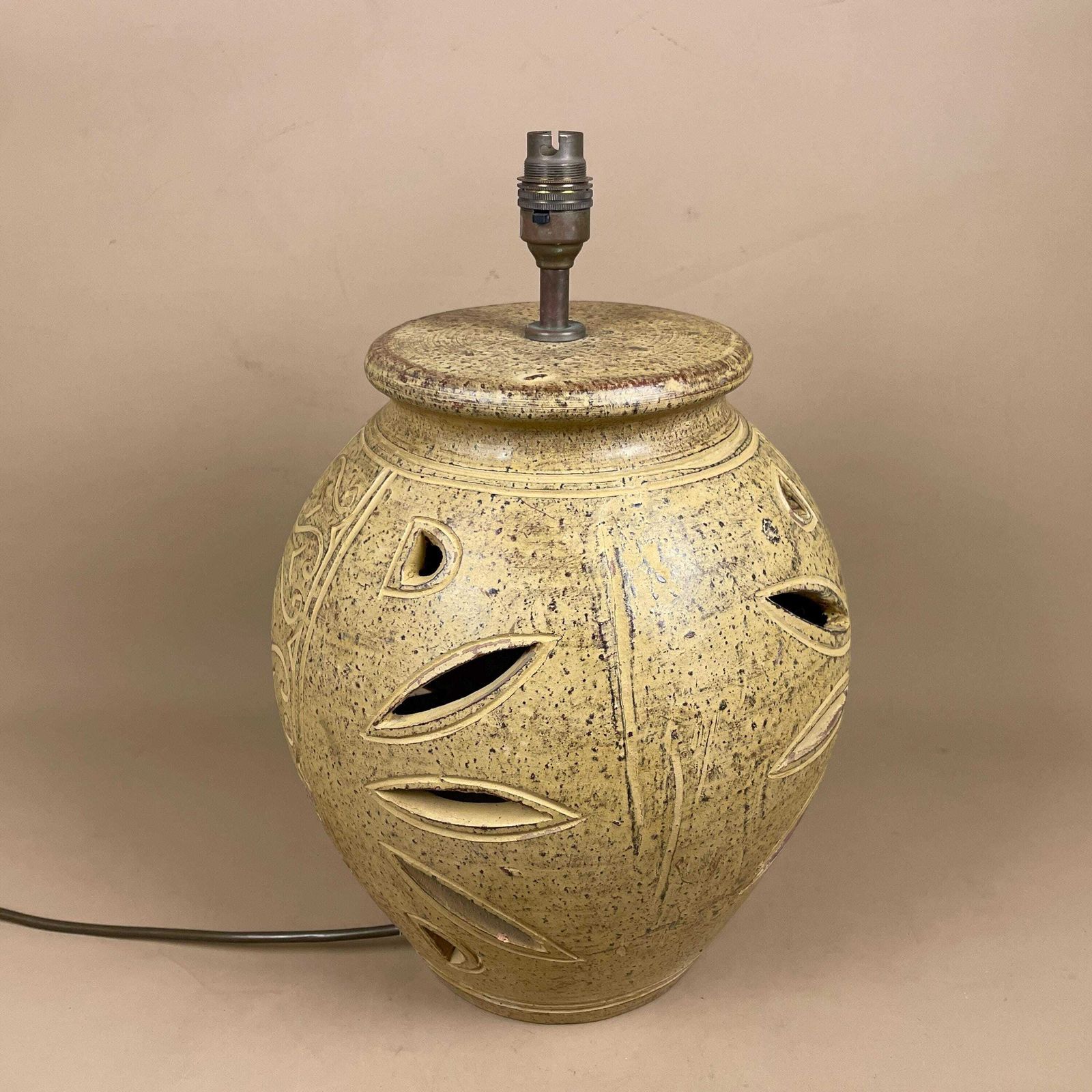 Ceramic Clay Patterned Studio Pottery Lamp Bedside Table Light Round Vase Retro Cottage Natural Antique Pattern Handmade Textured Vintage photo furniture