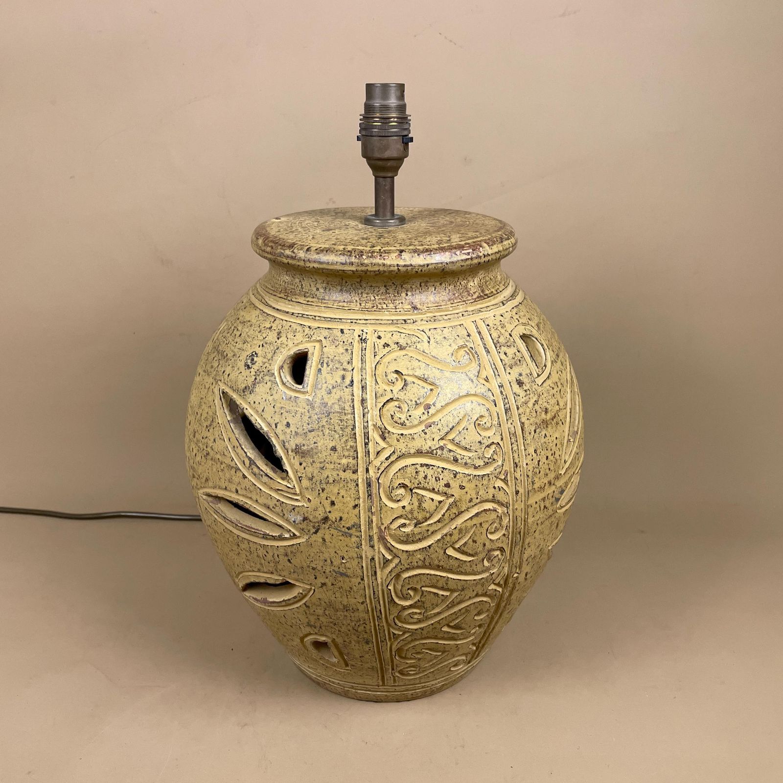 Ceramic Clay Patterned Studio Pottery Lamp Bedside Table Light Round Vase Retro Cottage Natural Antique Pattern Handmade Textured Vintage photo for sale