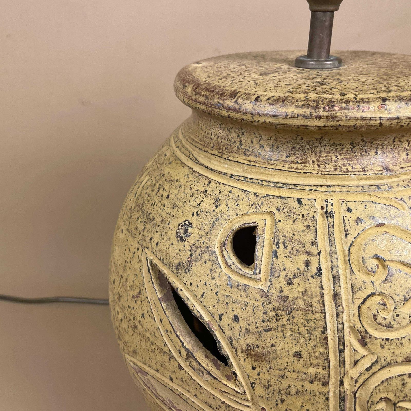 Ceramic Clay Patterned Studio Pottery Lamp Bedside Table Light Round Vase Retro Cottage Natural Antique Pattern Handmade Textured Vintage photo Lighting