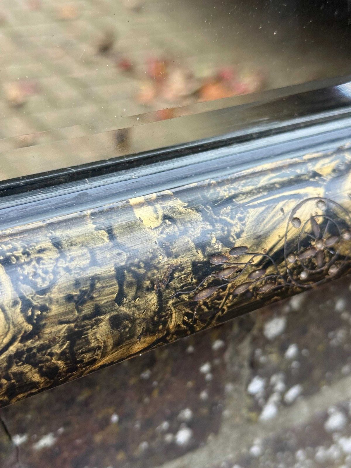 155.0 Unusual Antique Lacquered Gesso Decoupage Mirror With Black And Gold Aesthetic Movement Frame 40cm X 45cm photo