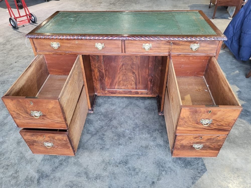 Antique Victorian Knee Hole Writing Desk Claw Feet Leather Top Cupboard photo vintage