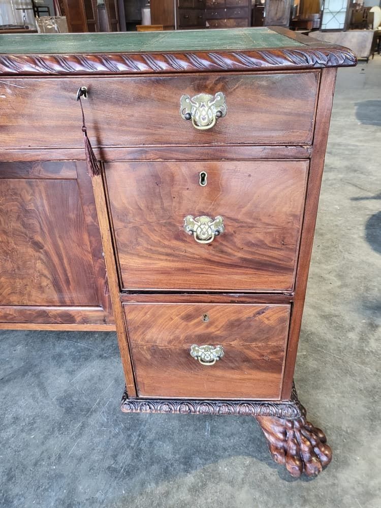 photo furniture Antique Victorian Knee Hole Writing Desk Claw Feet Leather Top Cupboard