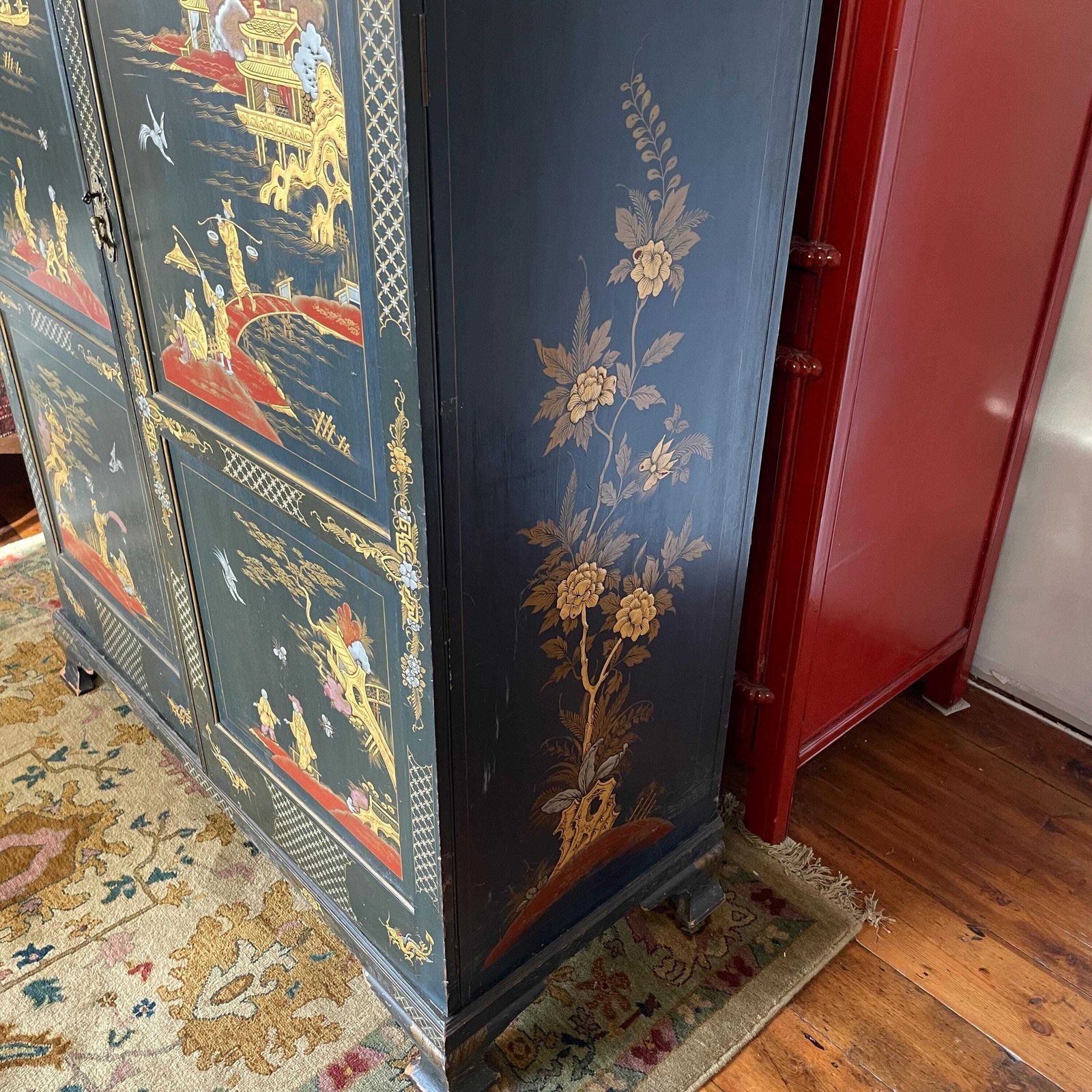 Oriental Lacquer Wardrobe Vintage Double Cabinet Painted Chinoiserie Blue Asian Bedroom Hand Decorated Gold Red Furniture Figures Scenes photo 1200.0