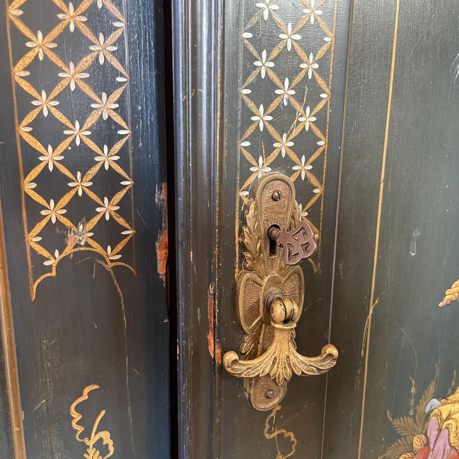 Oriental Lacquer Wardrobe Vintage Double Cabinet Painted Chinoiserie Blue Asian Bedroom Hand Decorated Gold Red Furniture Figures Scenes photo buy