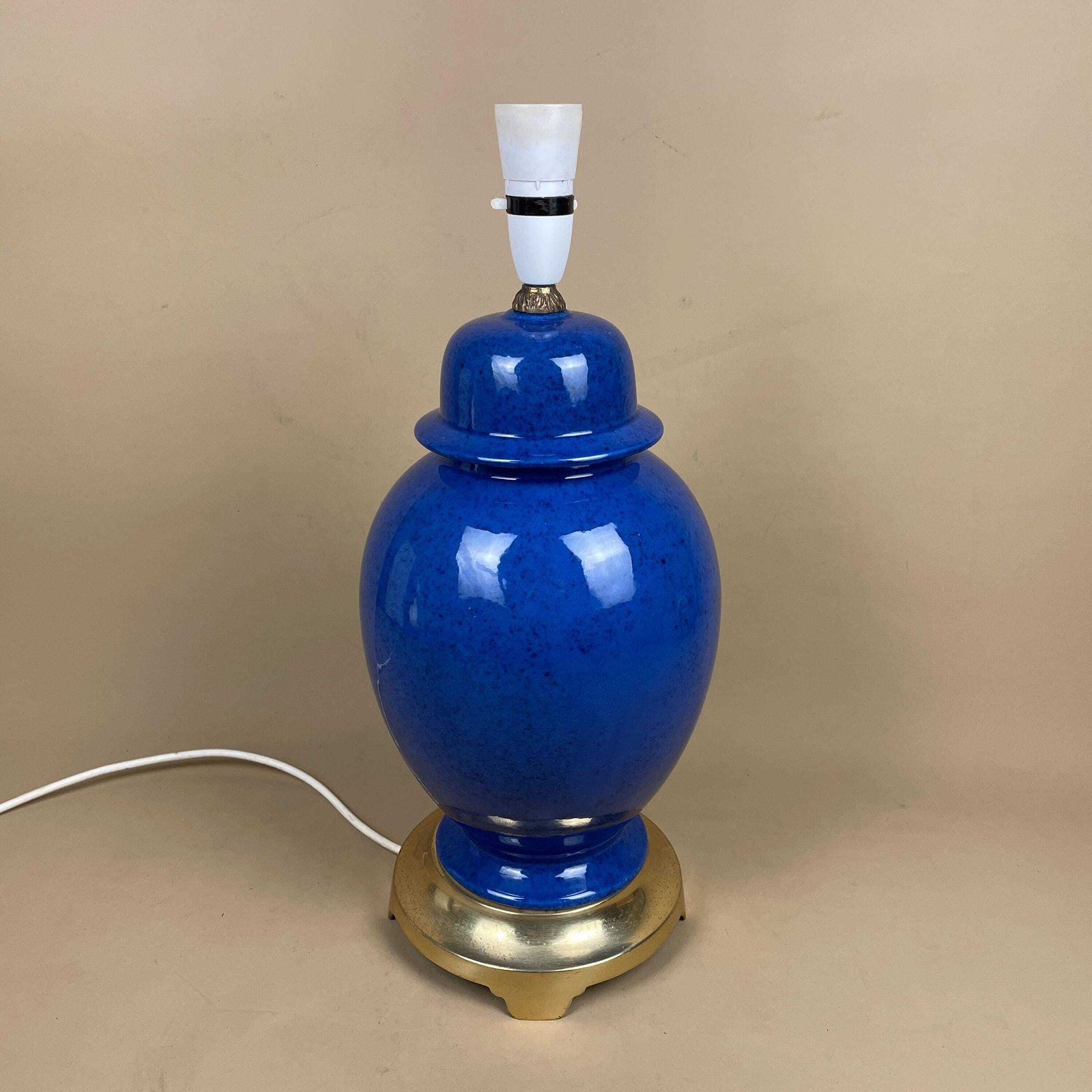 Ceramic Lamp Light Bedside Table Glazed Blue Antique Gold Brass Metal Vase Large Vintage Round Elegant Classic