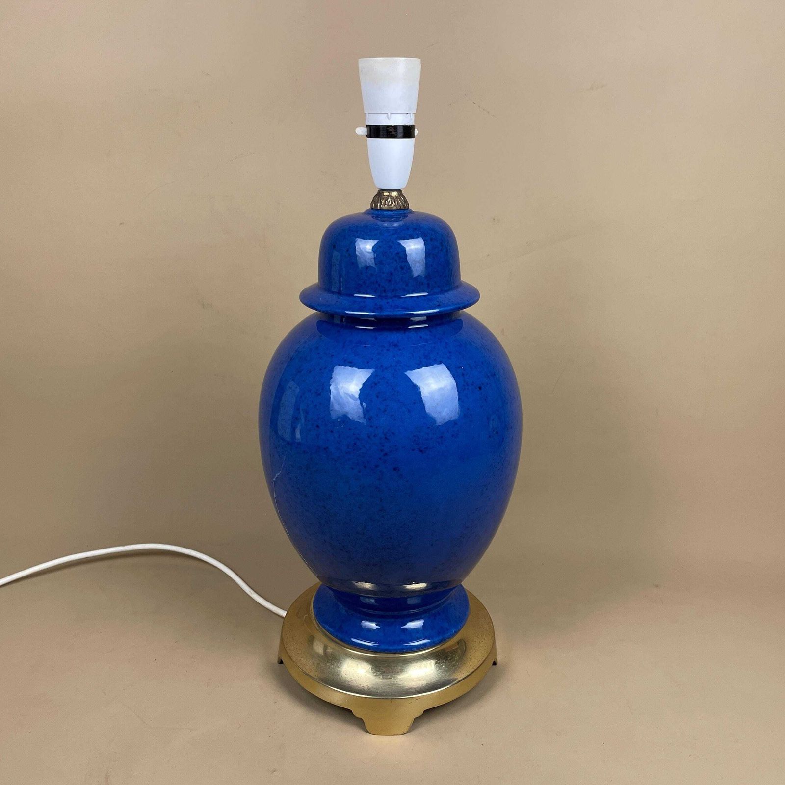 Ceramic Lamp Light Bedside Table Glazed Blue Antique Gold Brass Metal Vase Large Vintage Round Elegant Classic photo for sale