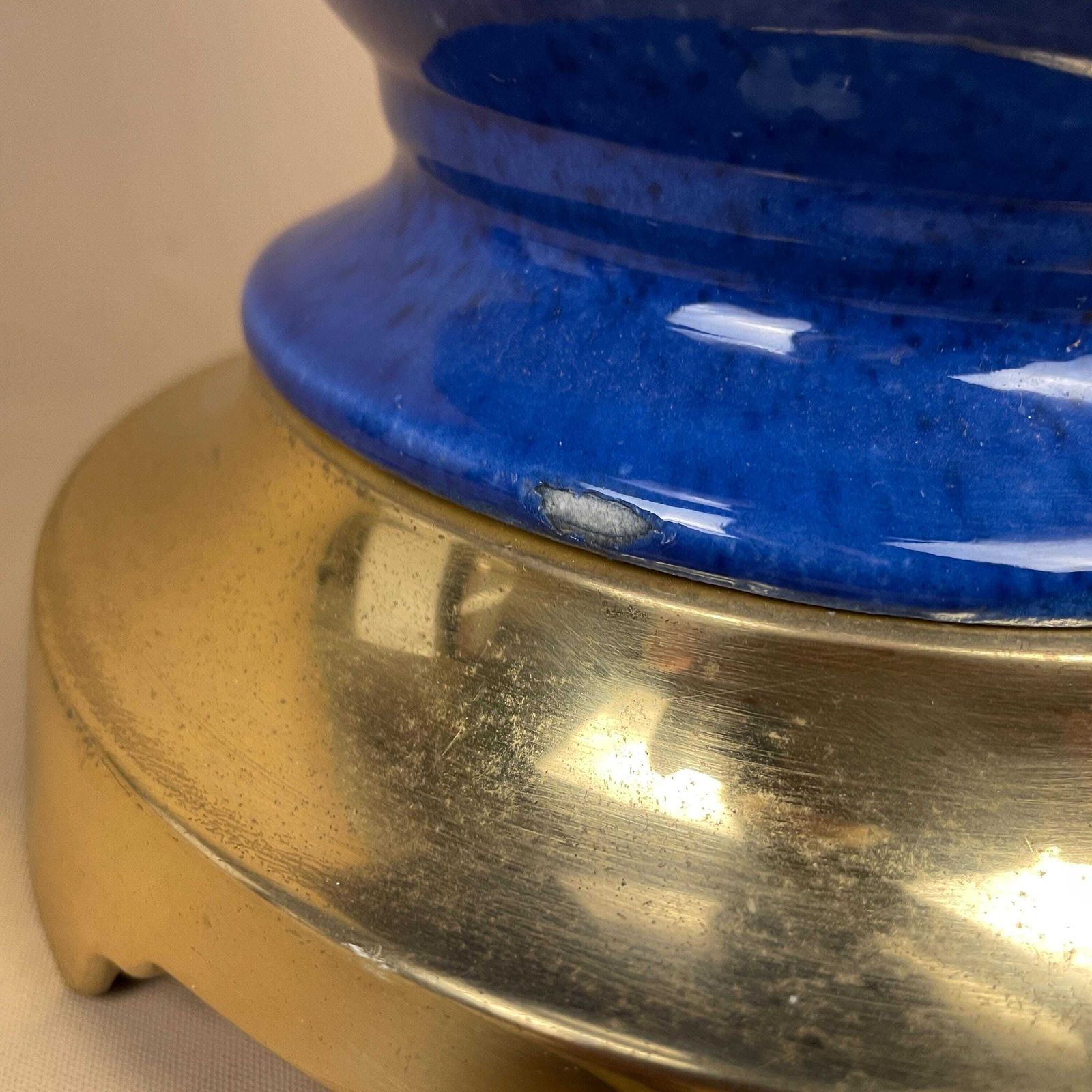 Ceramic Lamp Light Bedside Table Glazed Blue Antique Gold Brass Metal Vase Large Vintage Round Elegant Classic photo vintage