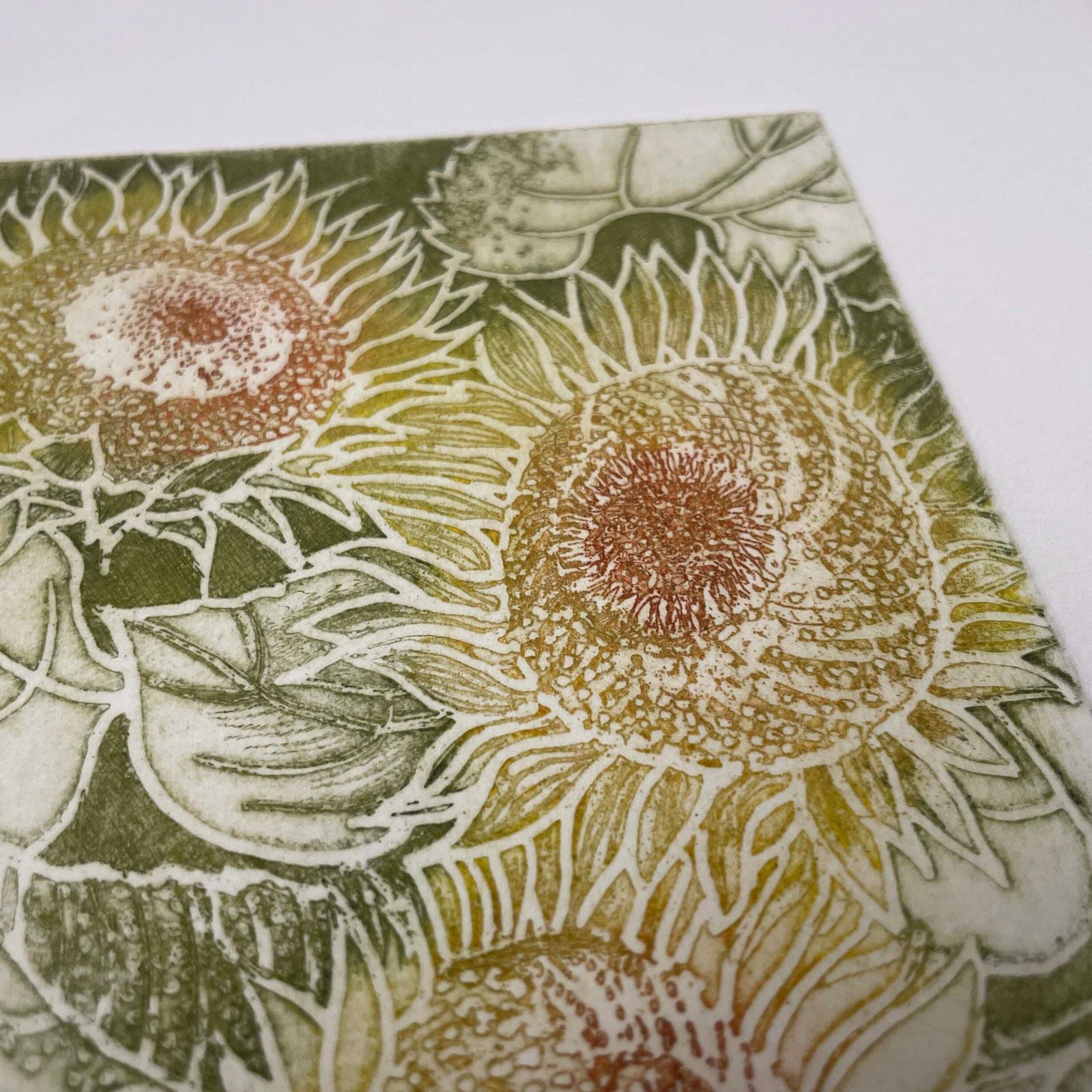 Original Sunflowers Etching Nicolette W/P Savage Framed Botanical Art Hand Coloured Floral Print Green Frame Natural Flower Artwork photo 85.0