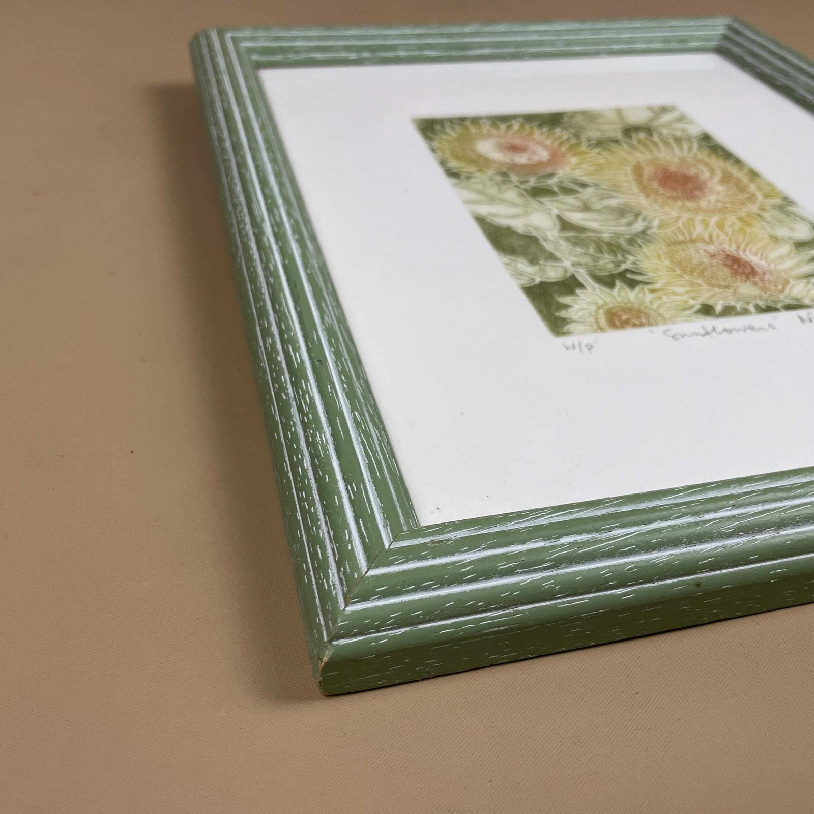 photo furniture Original Sunflowers Etching Nicolette W/P Savage Framed Botanical Art Hand Coloured Floral Print Green Frame Natural Flower Artwork