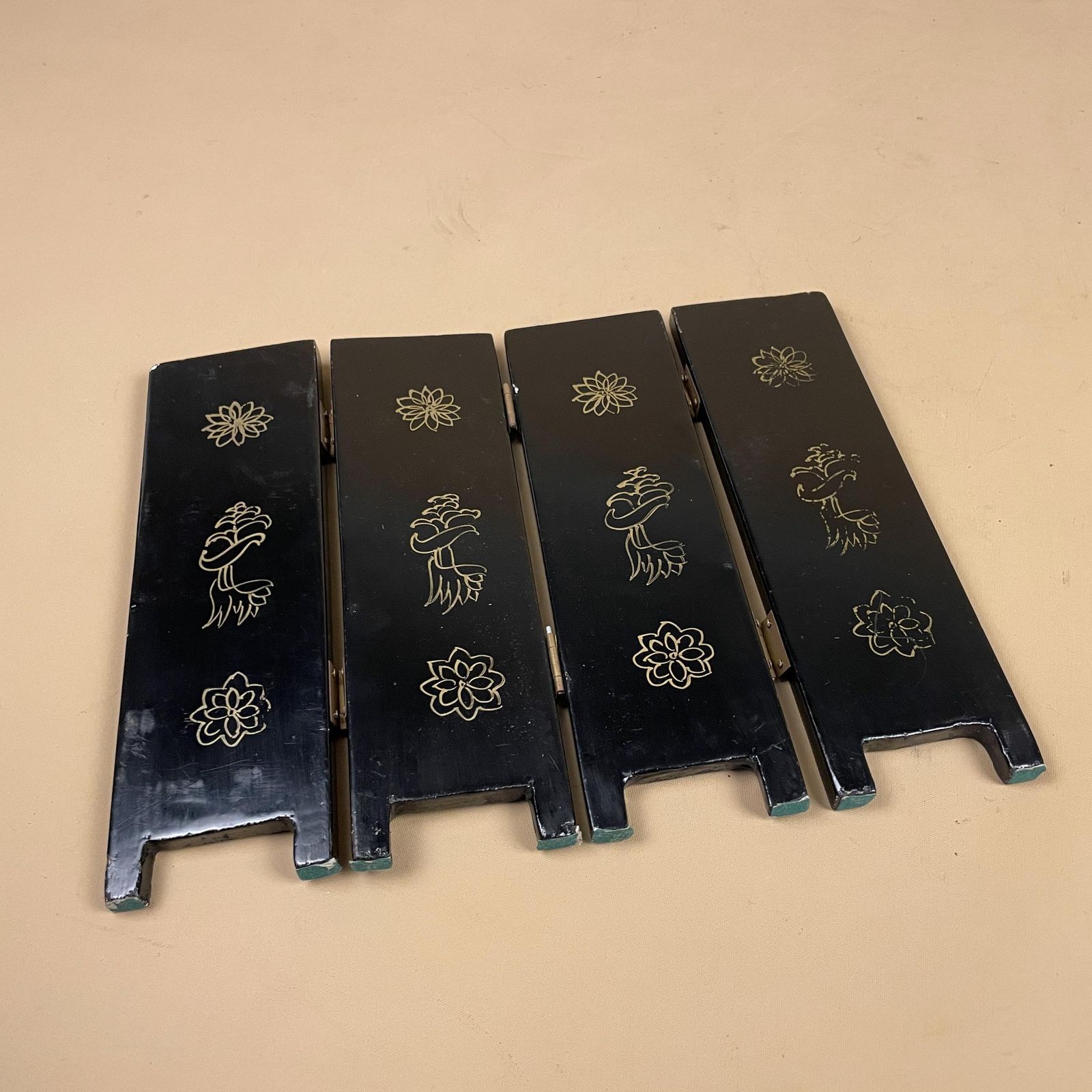 photo for sale Antique Mini Table Top Oriental Japanese Wooden Divider Privacy Screen Vintage Folding Patterned Pattern Lacquered Wood Black Pearl Inlay