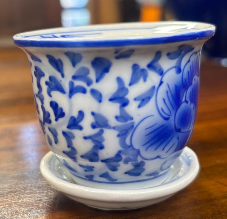 Vintage Set Of 5 Chinese Graduating Blue & White Plant Pots & Saucers photo furniture