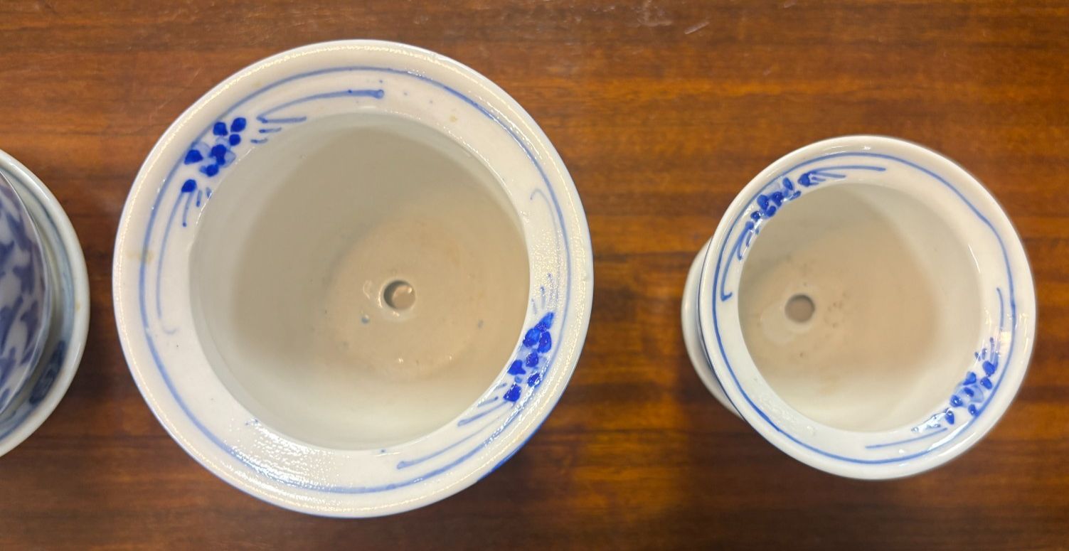 Vintage Set Of 5 Chinese Graduating Blue & White Plant Pots & Saucers photo buy