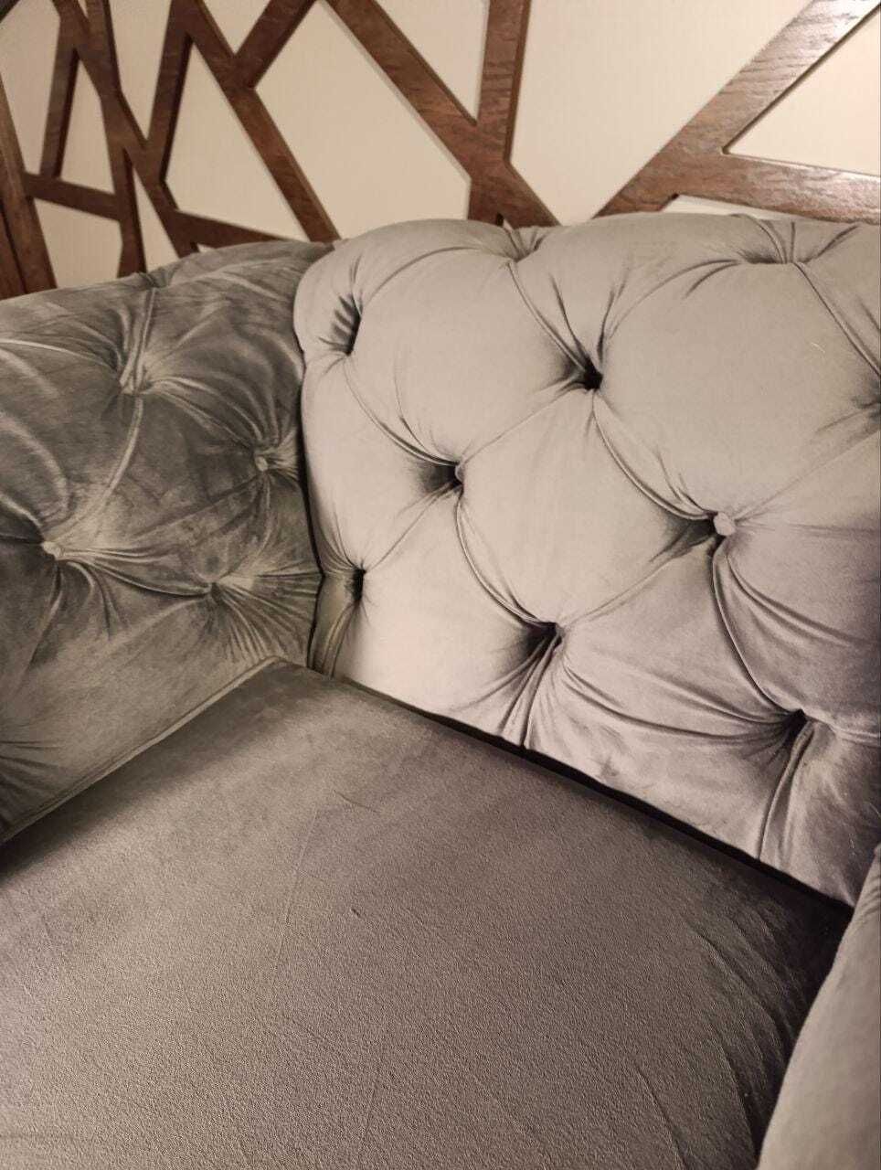 Contemporary Chesterfield Style Armchair | Grey Velvet With Stud Detailing | Deep Button Back photo buy