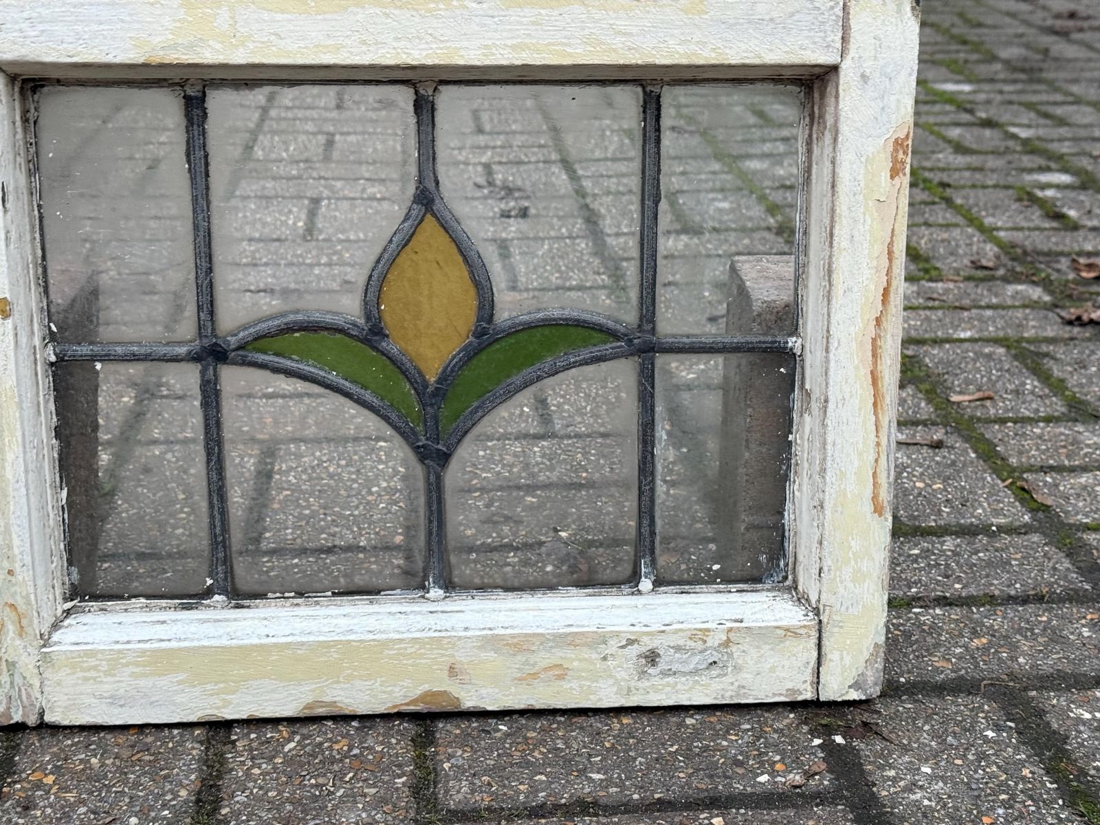 Home Fixtures Original 1930s Art Deco Stained Glass Tulip Green And Red Design Window Panel photo